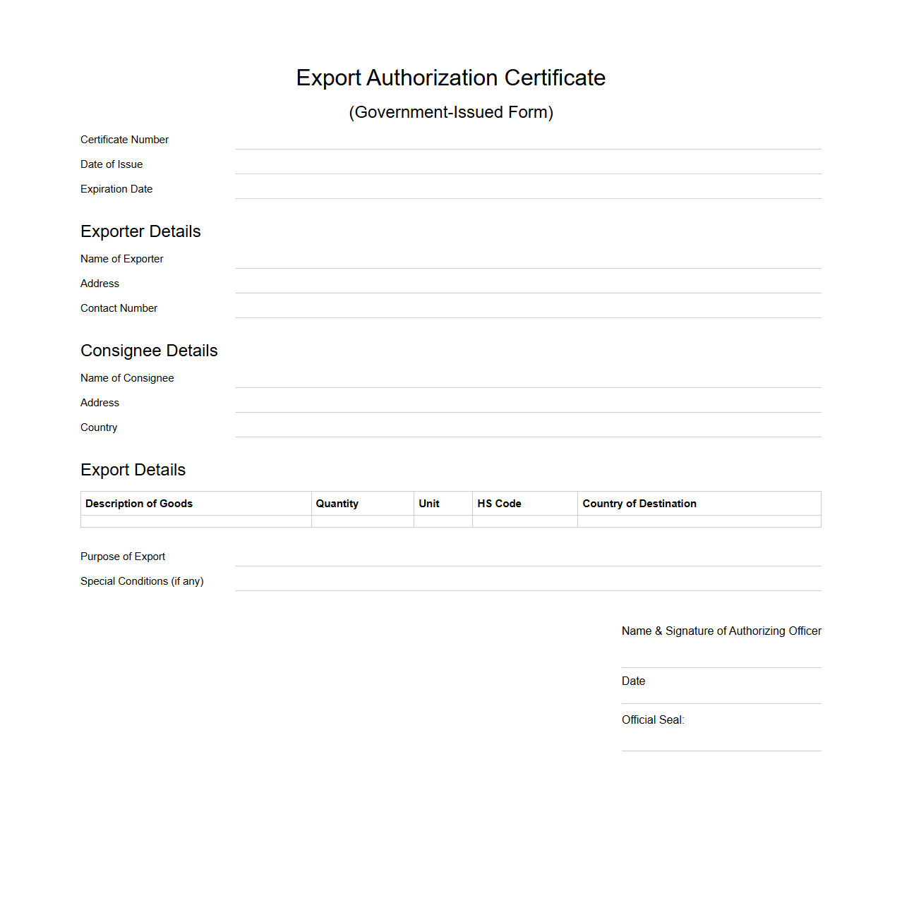 Government-Issued Export Authorization Certificate Format