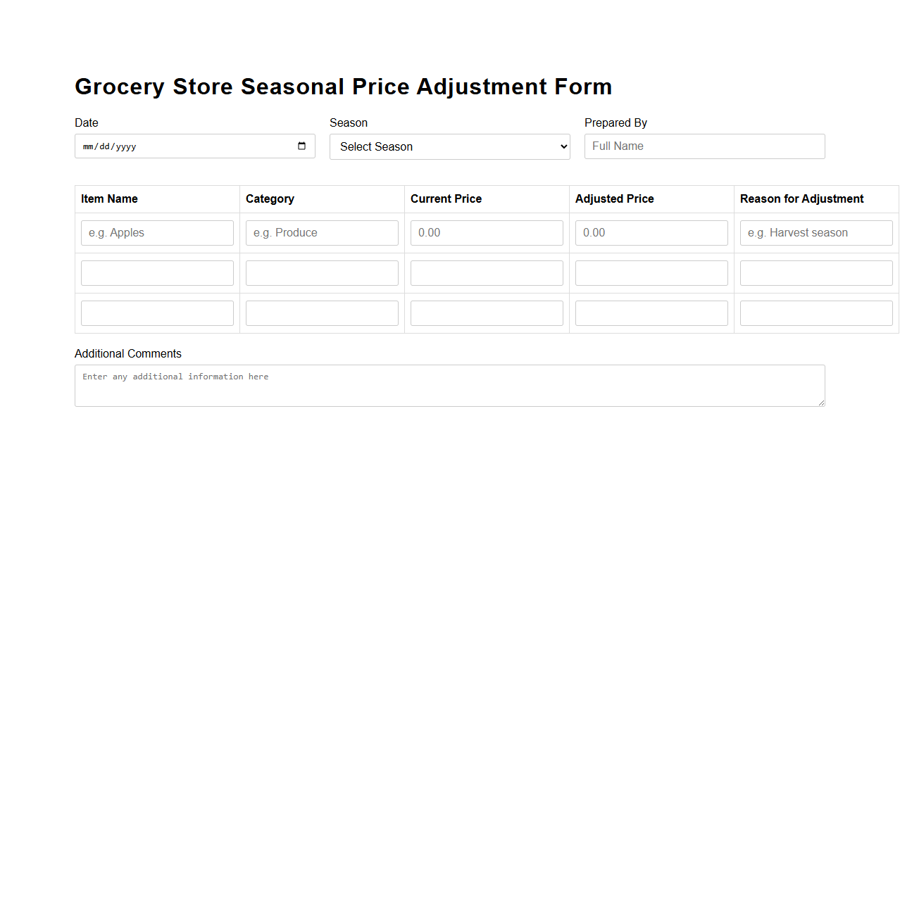 Grocery Store Seasonal Price Adjustment Form