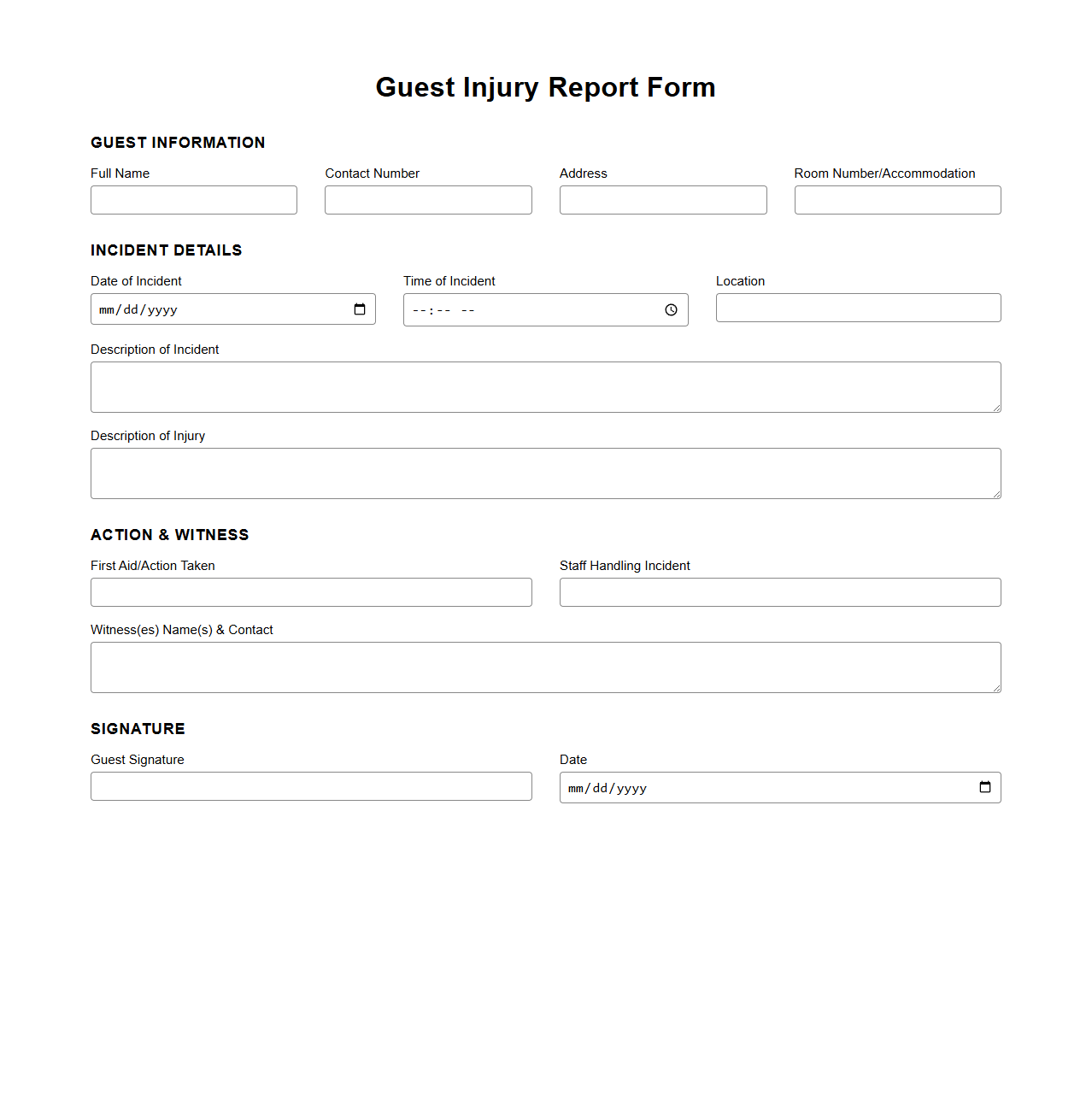 Guest Injury Report Form for Resorts