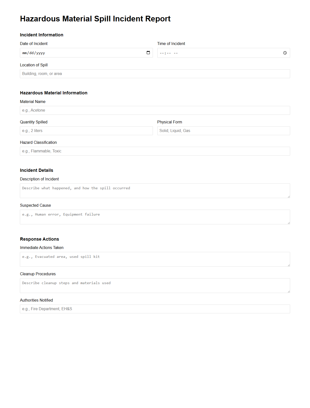 Hazardous Material Spill Incident Report Example