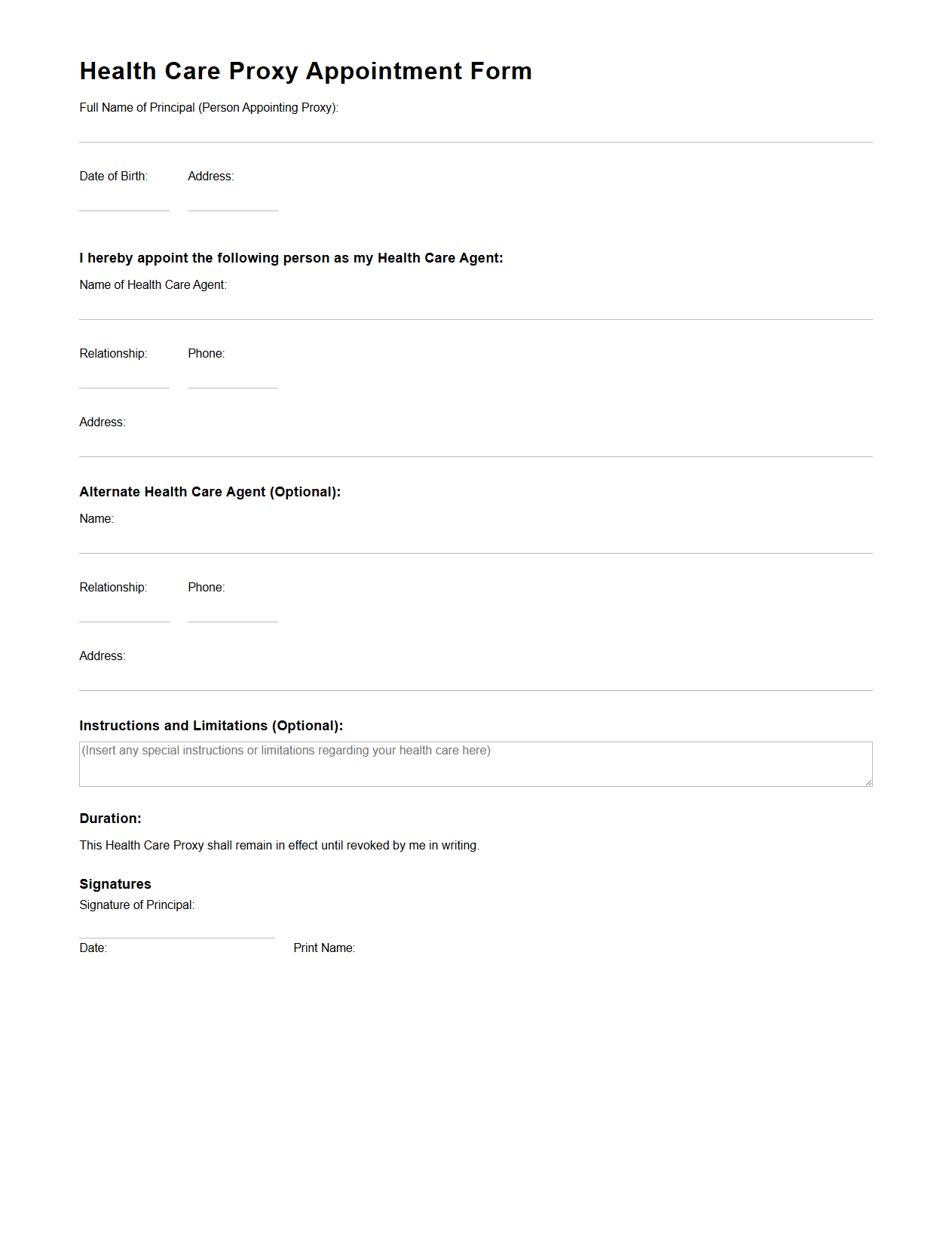 Health Care Proxy Appointment Sample Form