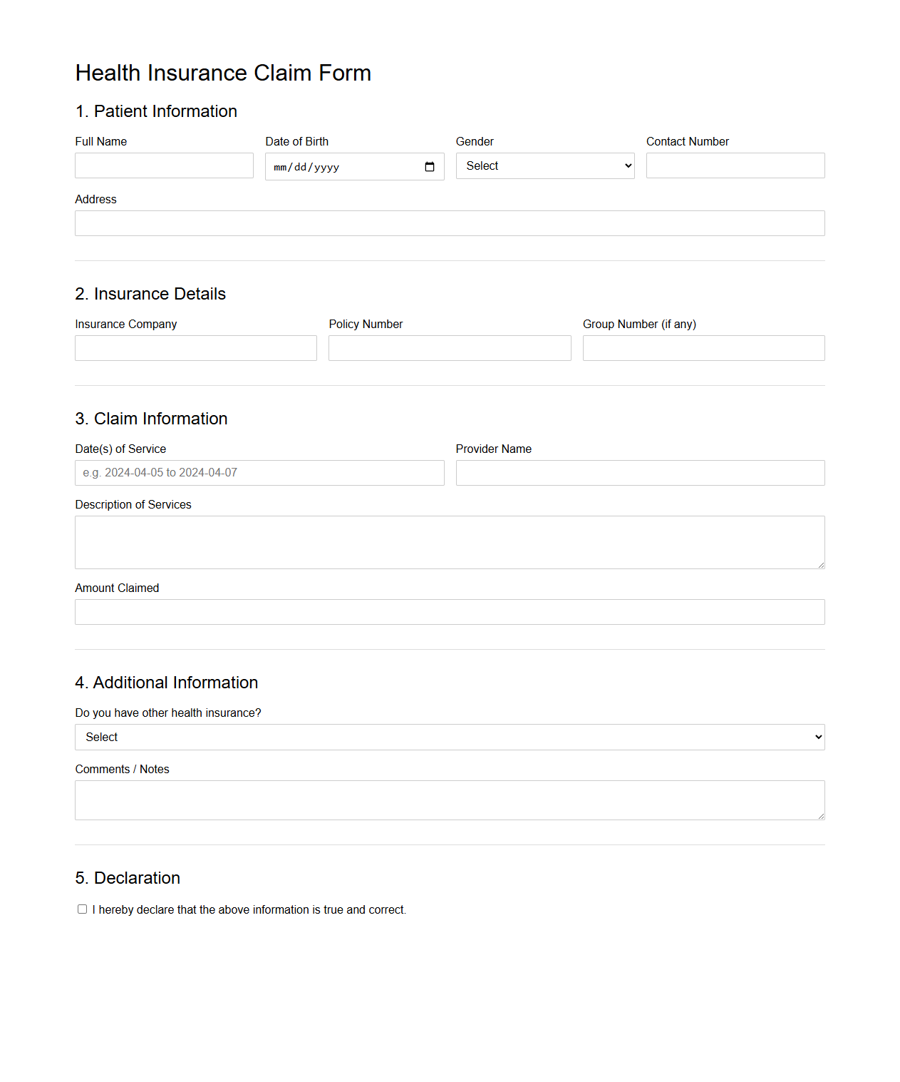Health Insurance Claim Form Example