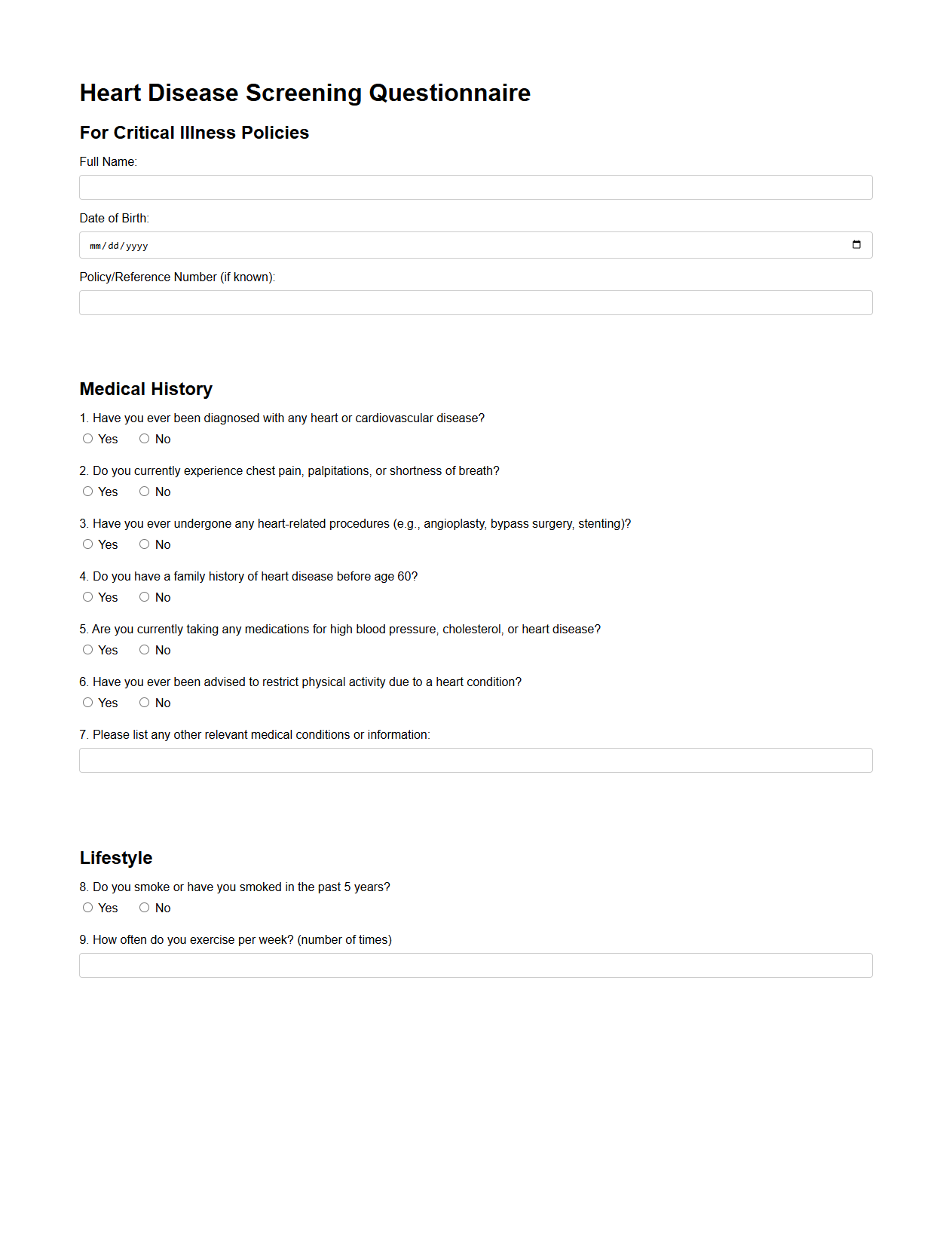 Heart Disease Screening Questionnaire for Critical Illness Policies
