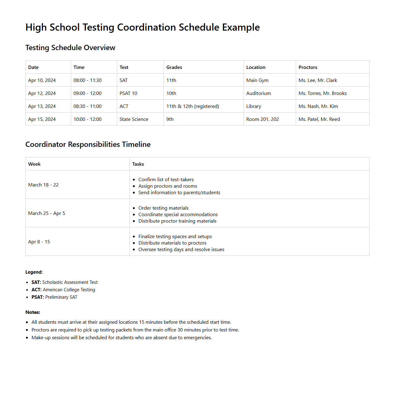 High School Testing Coordination Schedule Example