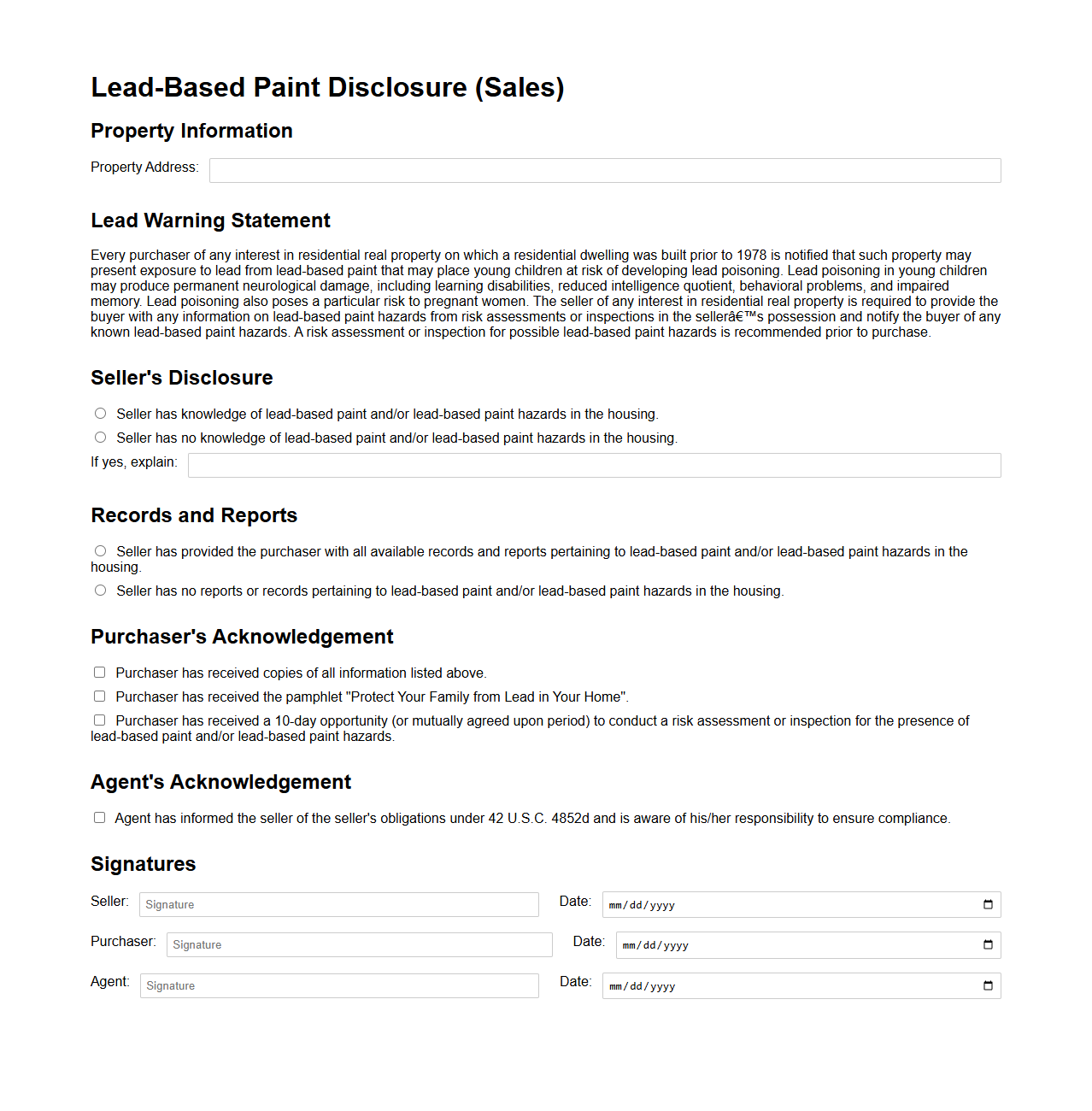 Home Seller’s Lead-Based Paint Disclosure Sample