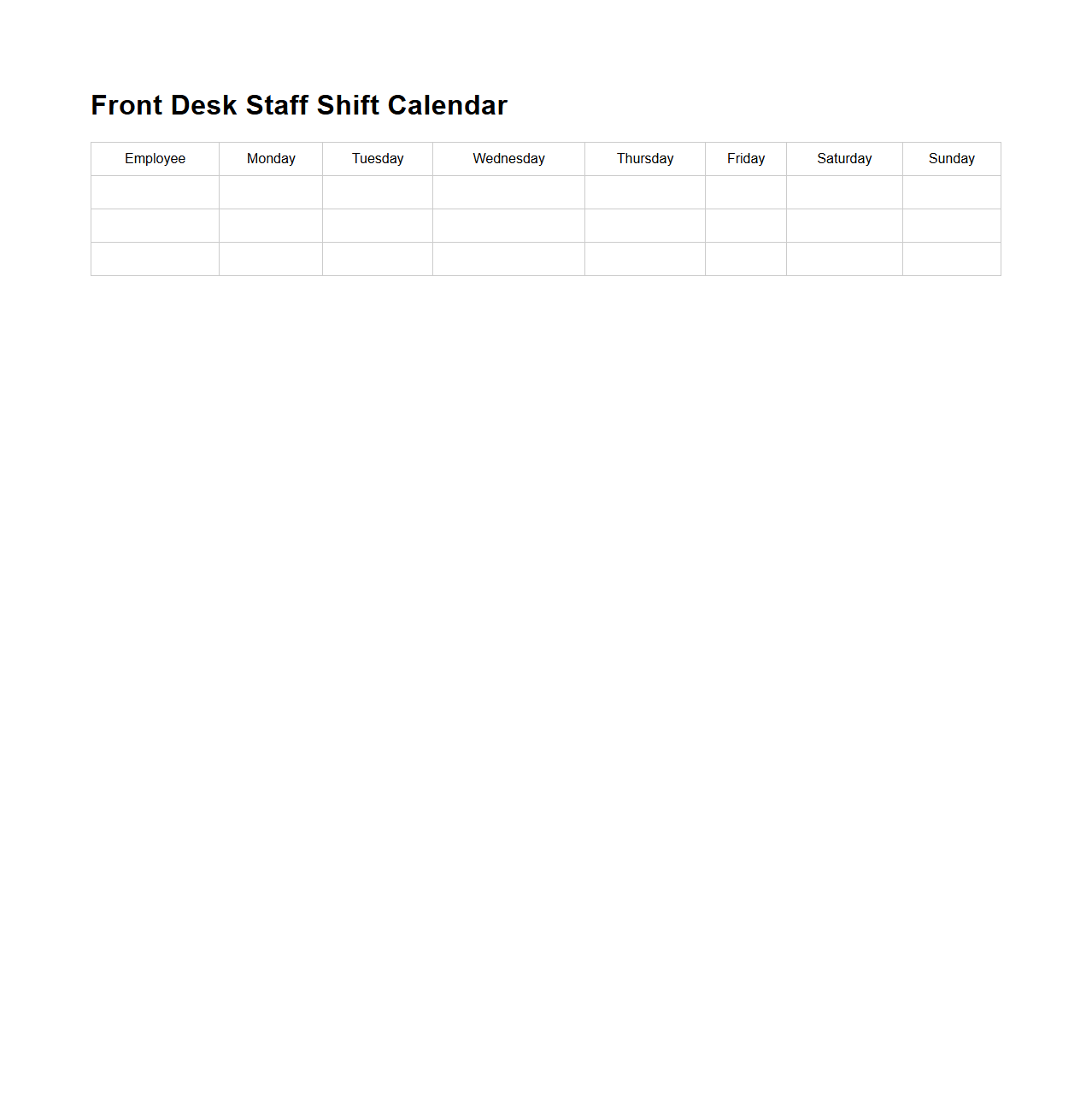 Hospitality Front Desk Staff Shift Calendar