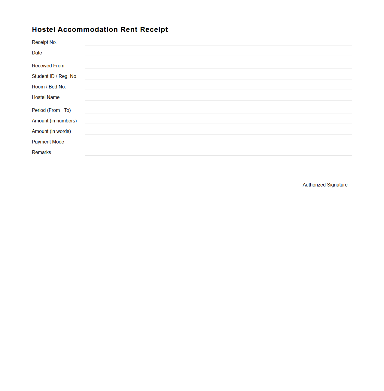 Hostel Accommodation Rent Receipt Sample