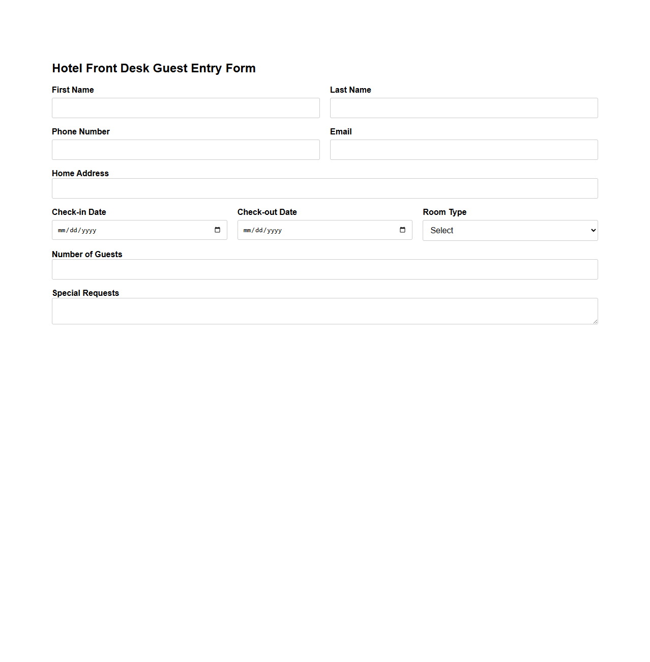 Hotel Front Desk Guest Entry Form