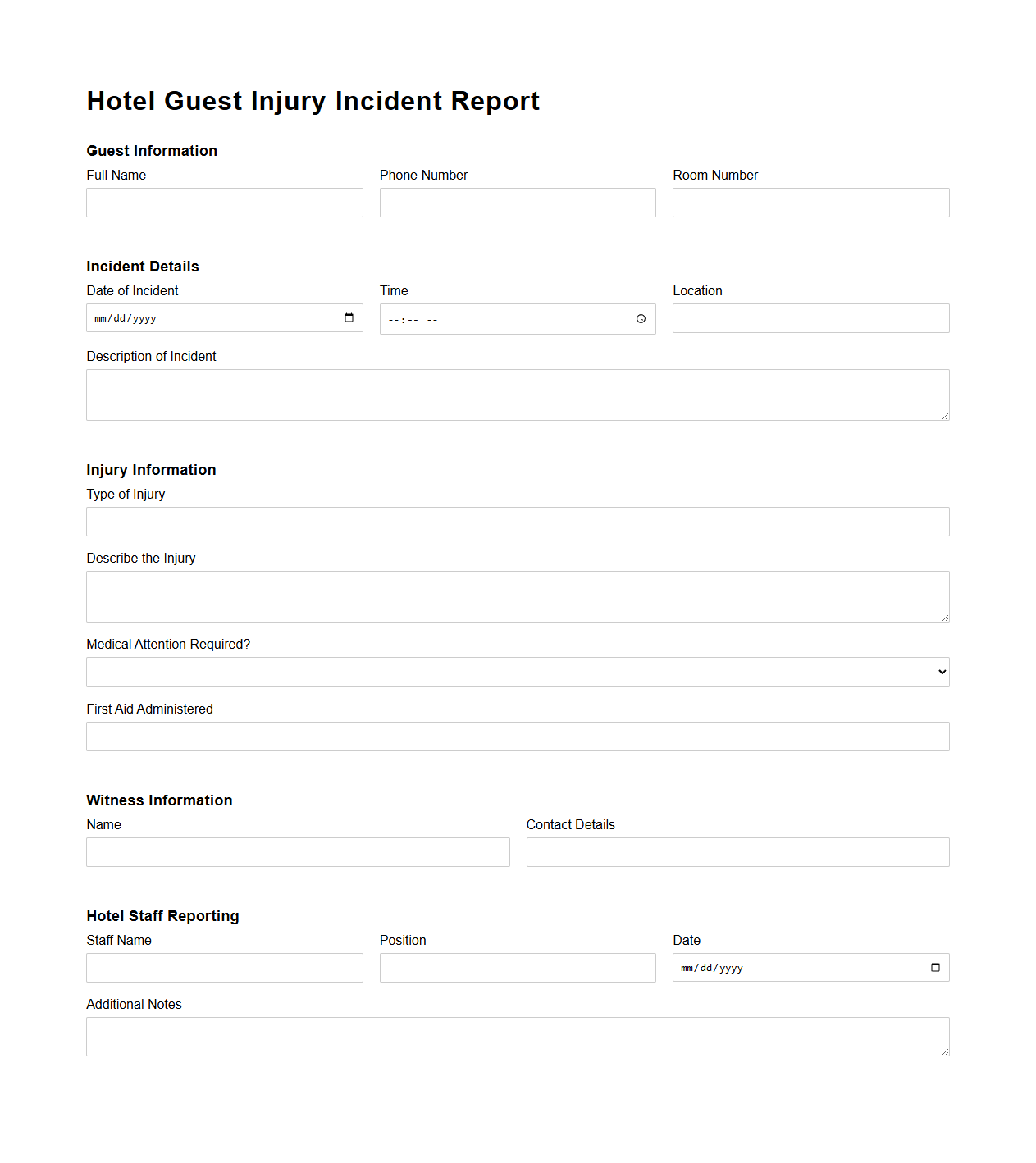Hotel Guest Injury Incident Report Template