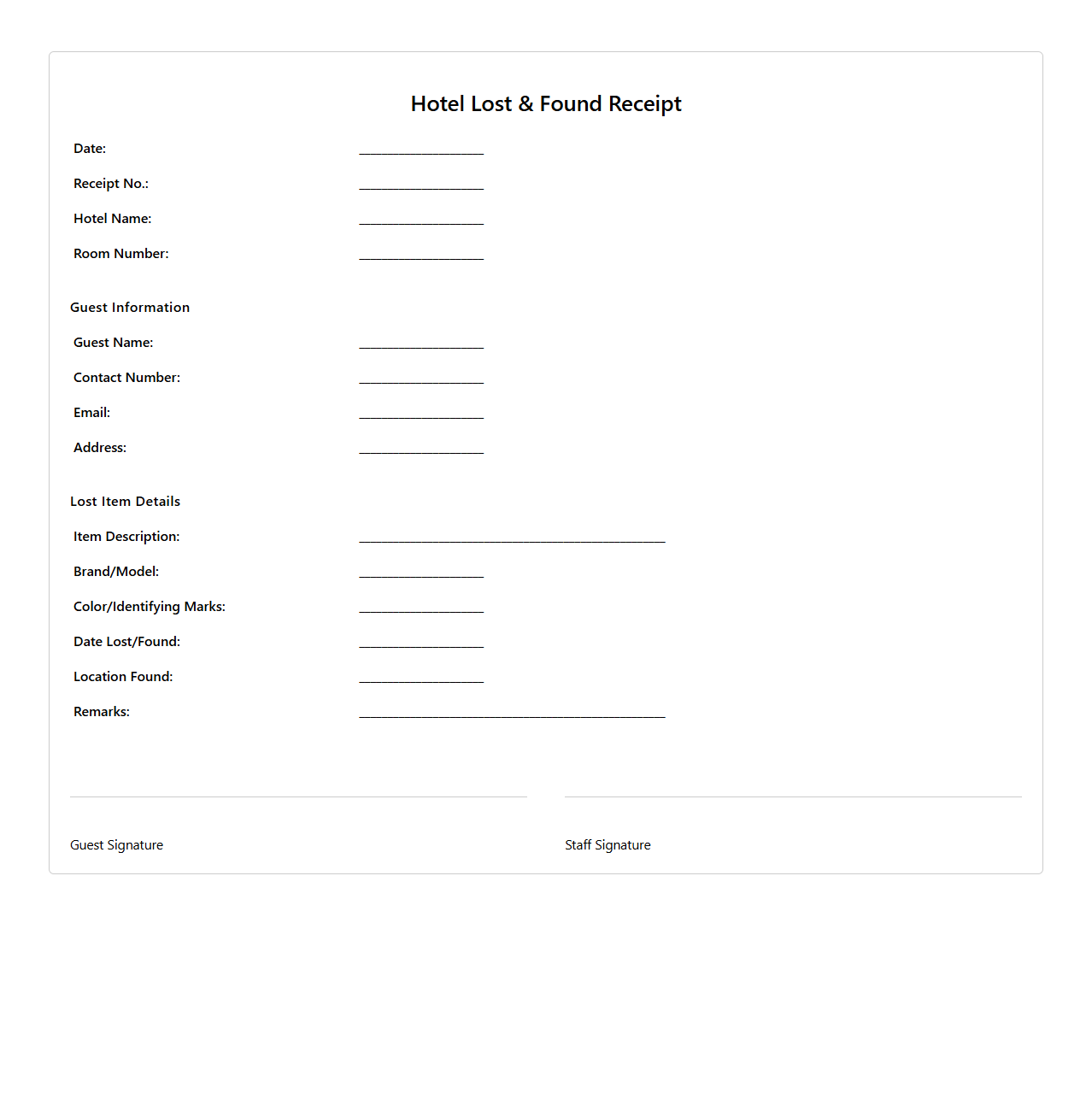 Hotel Lost and Found Receipt Example