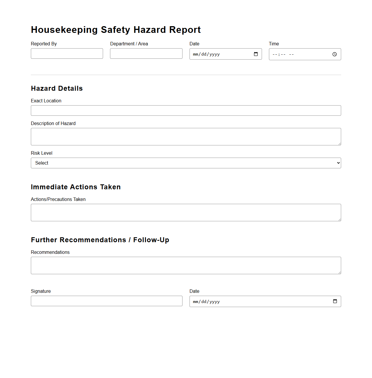 Housekeeping Safety Hazard Report Template