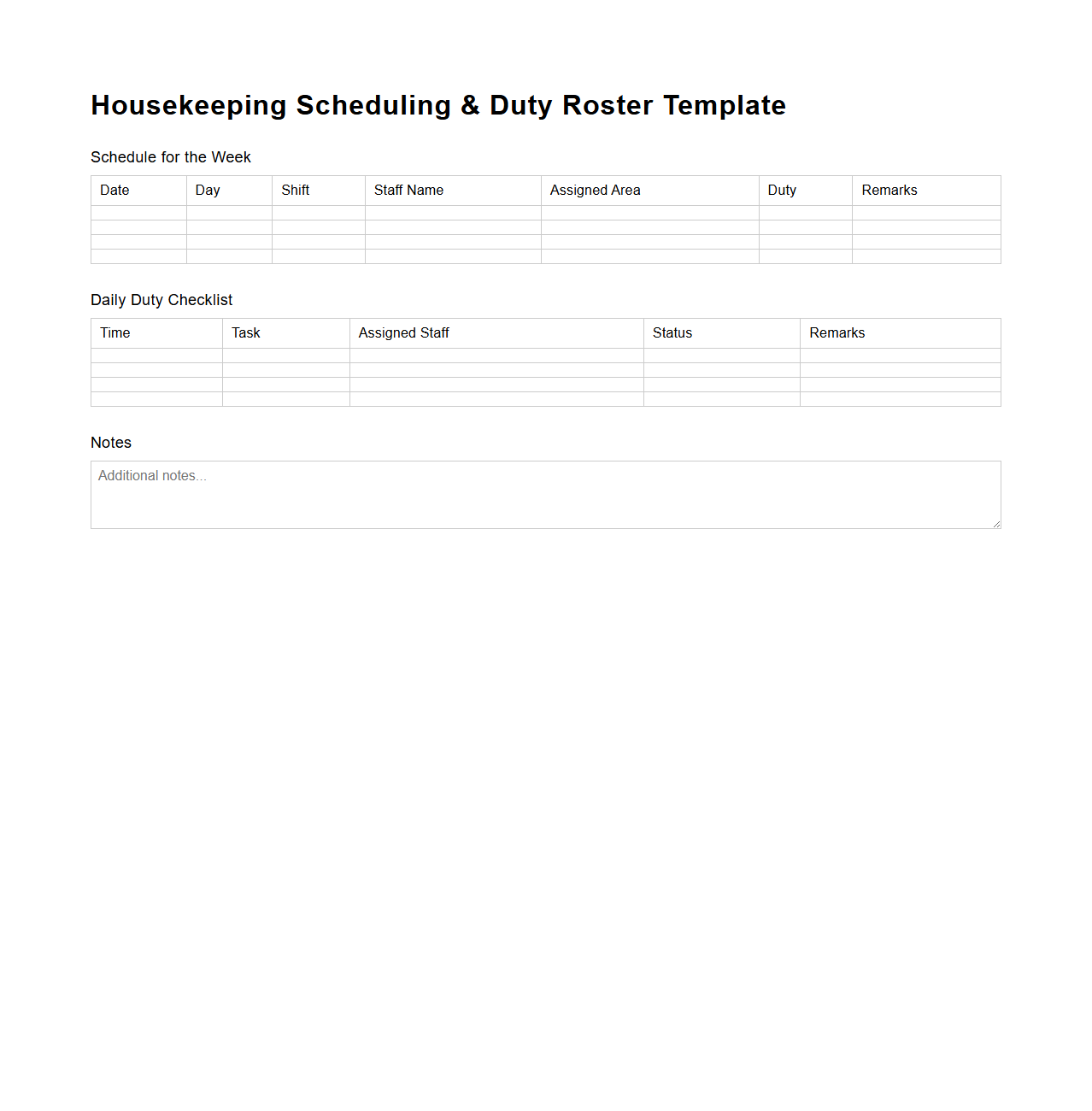 Housekeeping Scheduling and Duty Roster Template