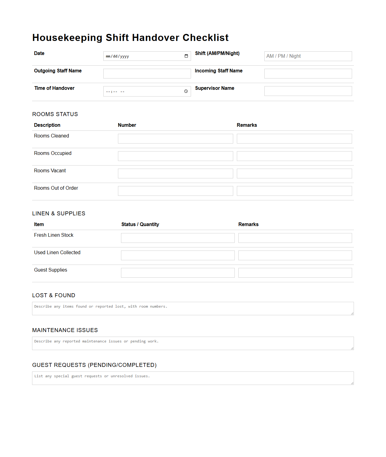 Housekeeping Shift Handover Checklist for Hotels