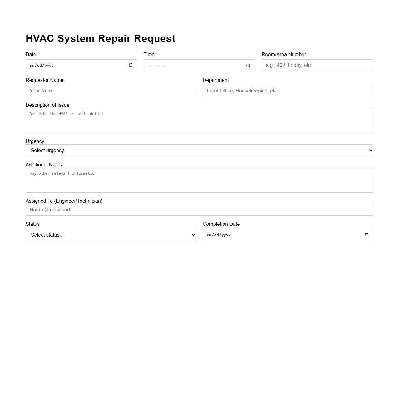 HVAC System Repair Request Template for Hotel Operations