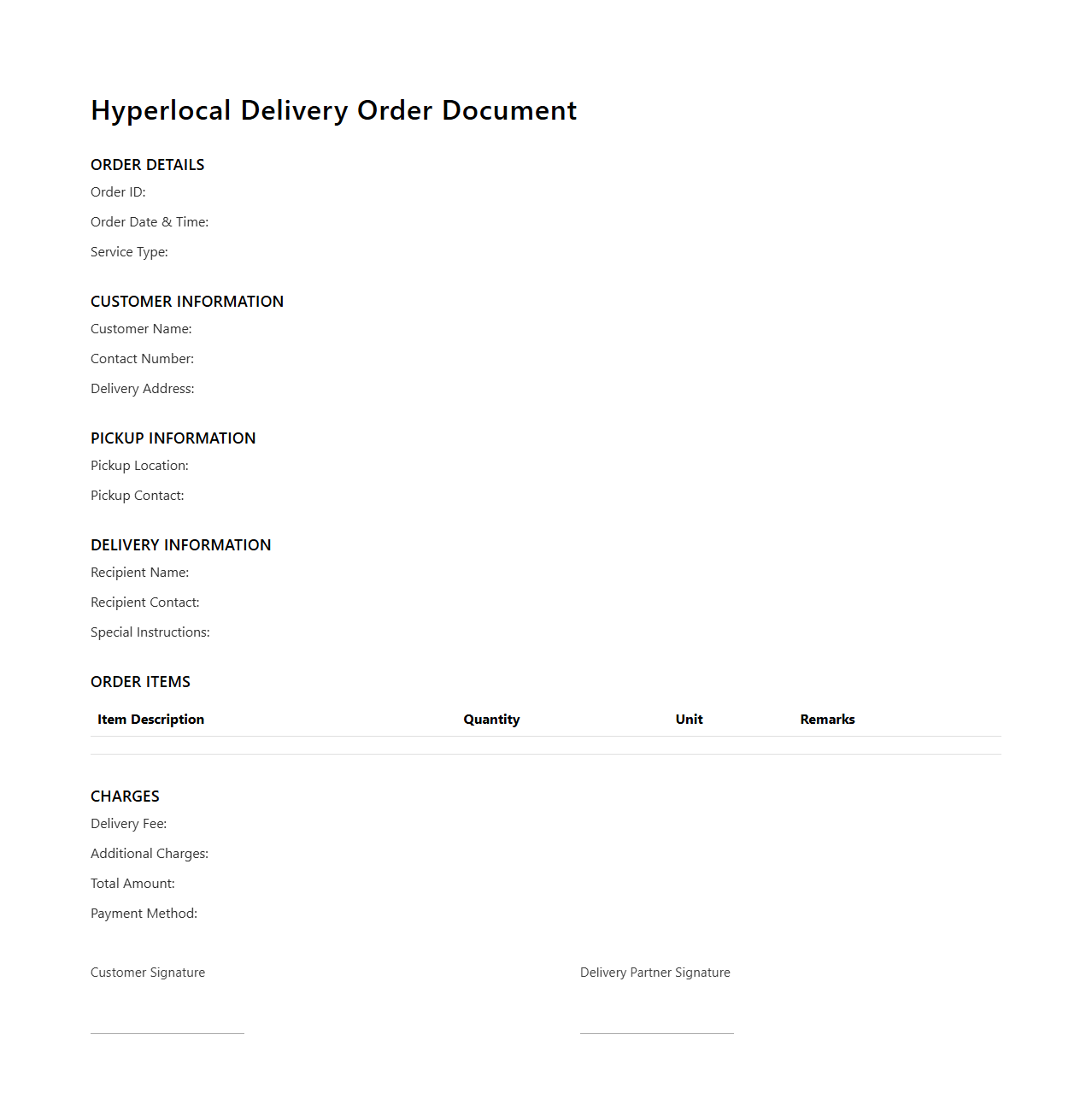 Hyperlocal Delivery Order Document for On-Demand Services