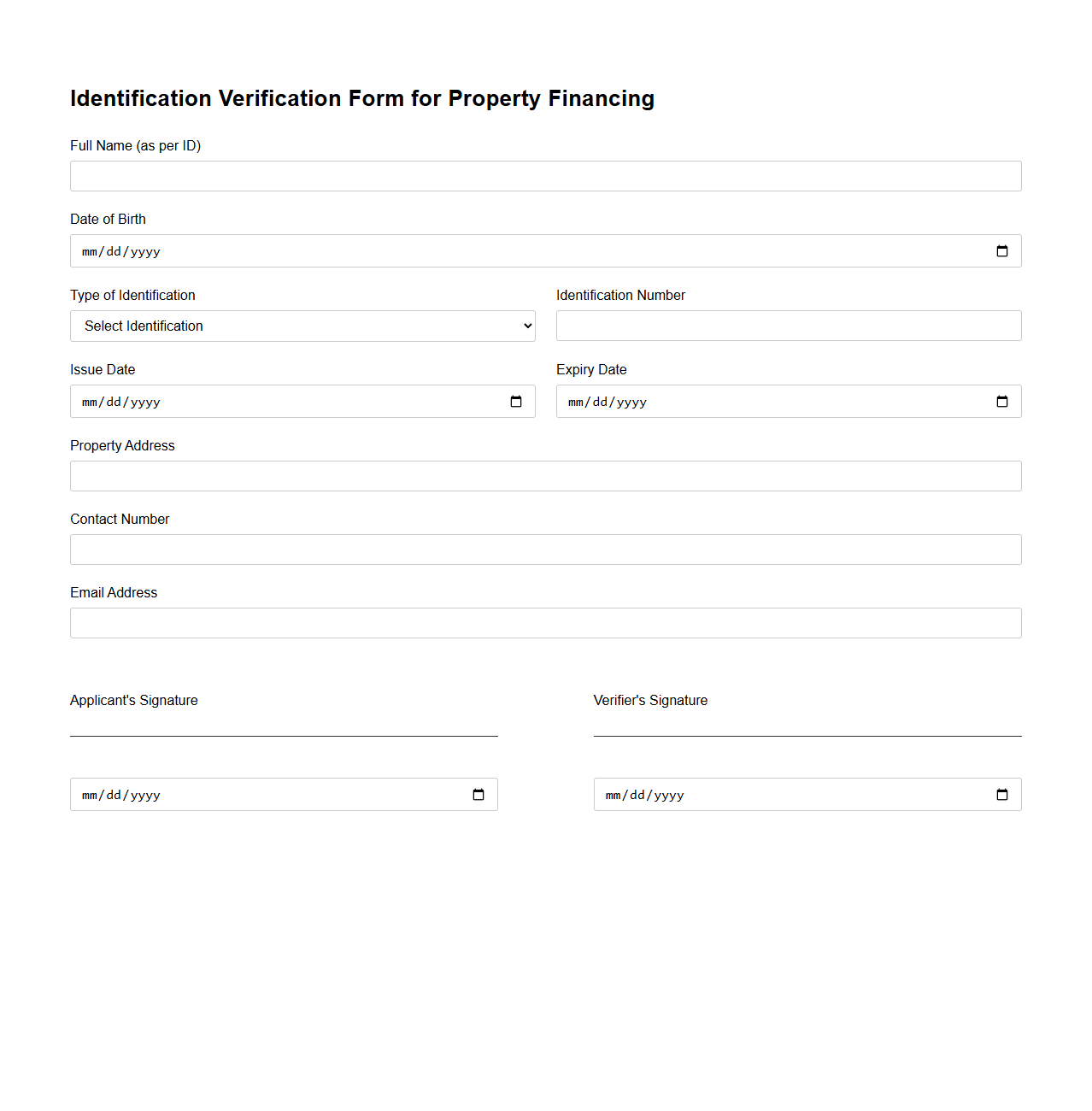 Identification Verification Form for Property Financing