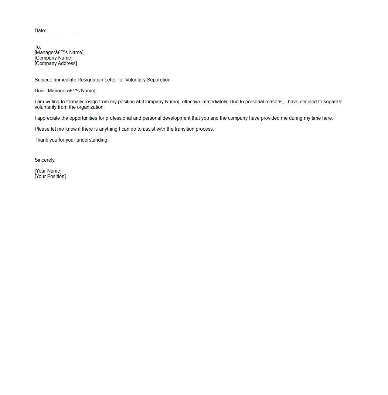 Immediate Resignation Letter for Voluntary Separation