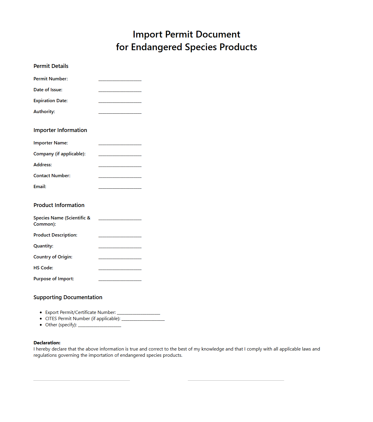 Import Permit Document for Endangered Species Products