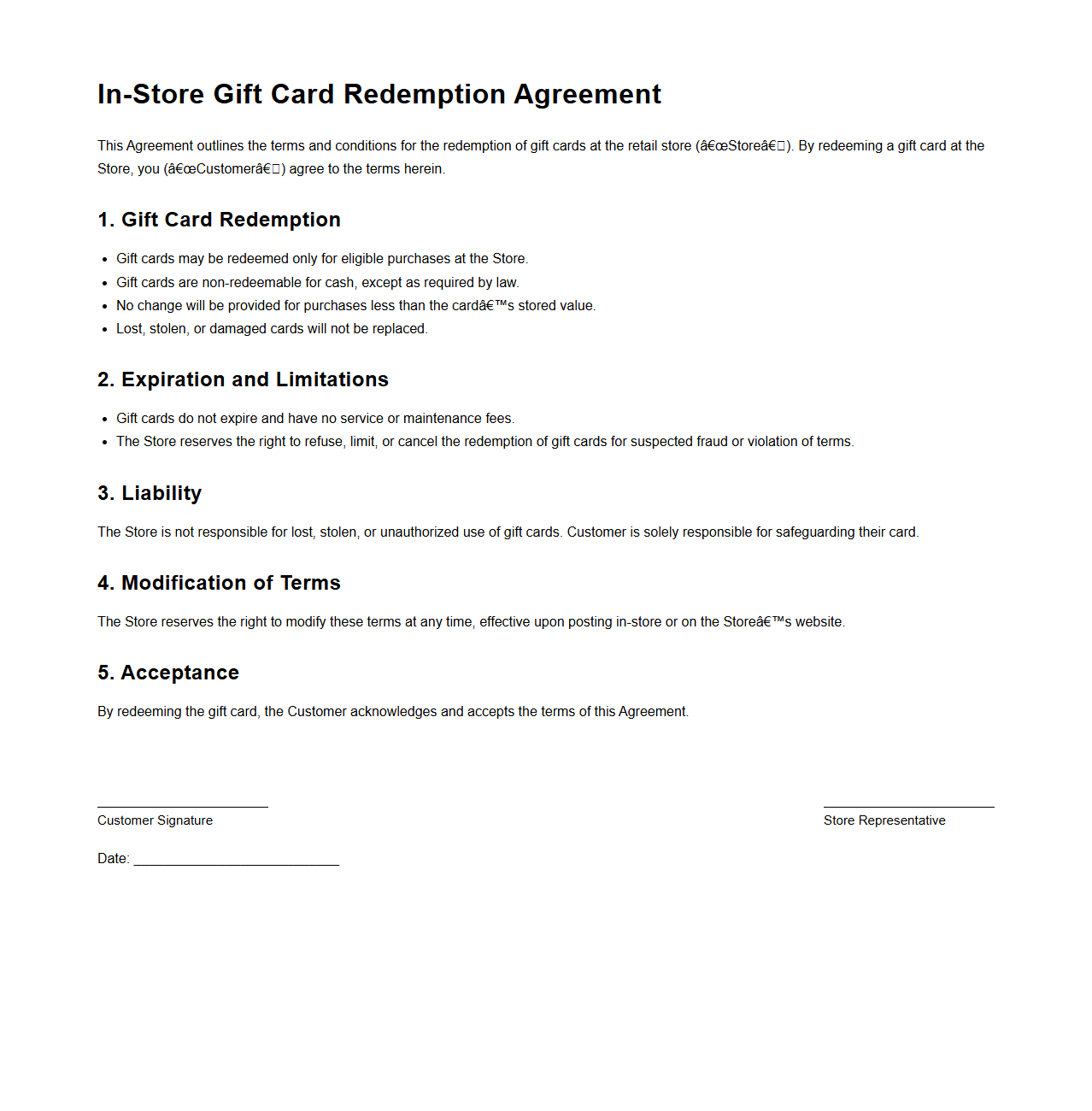 In-Store Gift Card Redemption Agreement Format