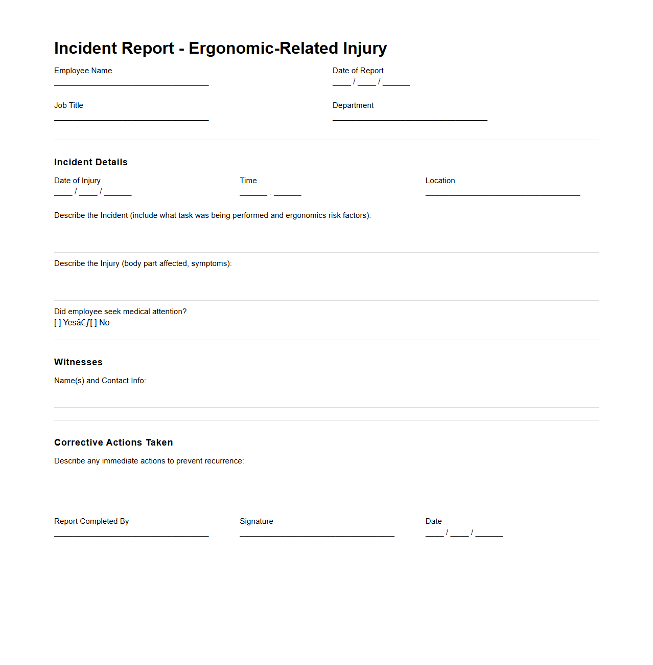 Incident Report Example for Ergonomic-Related Injuries