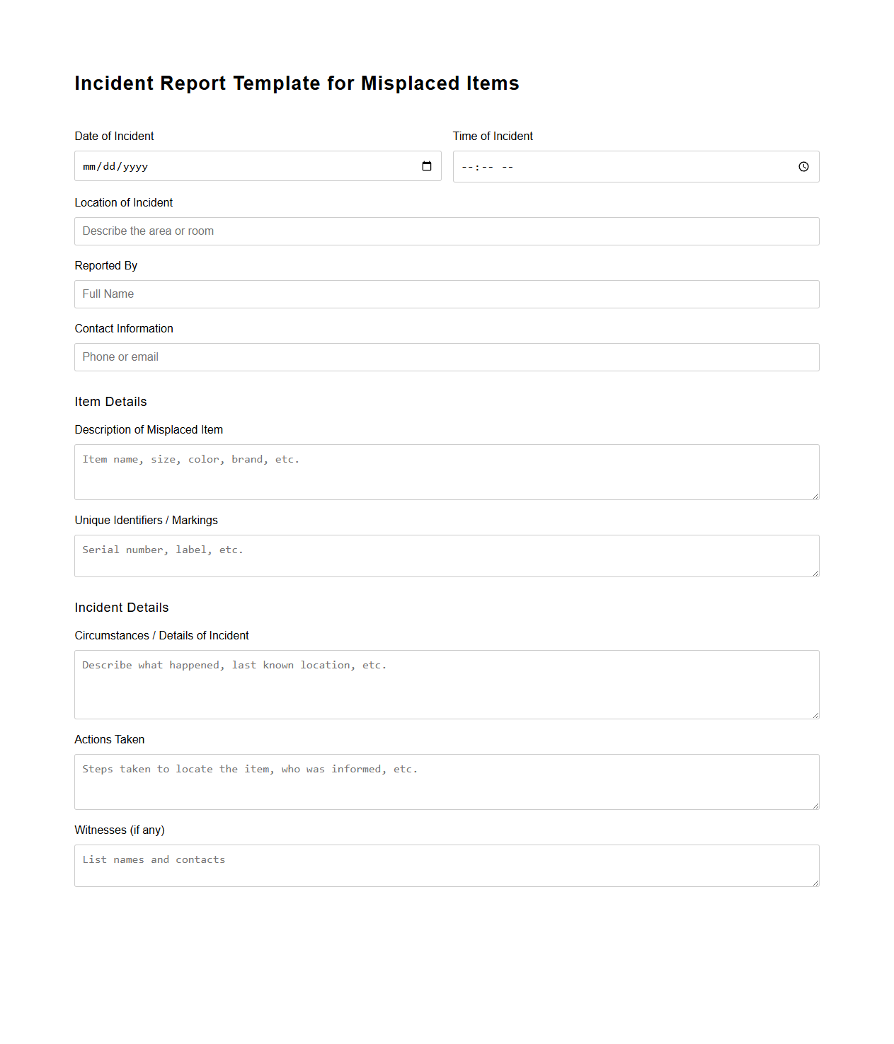 Incident Report Template for Misplaced Items