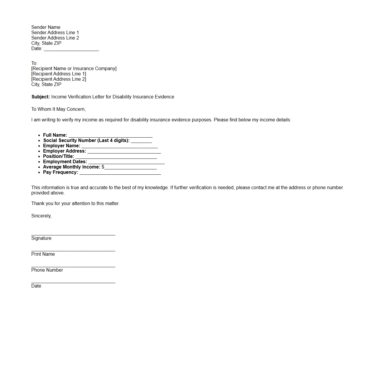 Income Verification Letter for Disability Insurance Evidence