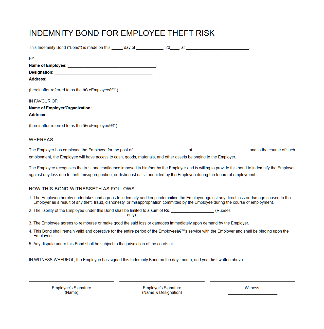 Indemnity Bond for Employee Theft Risk