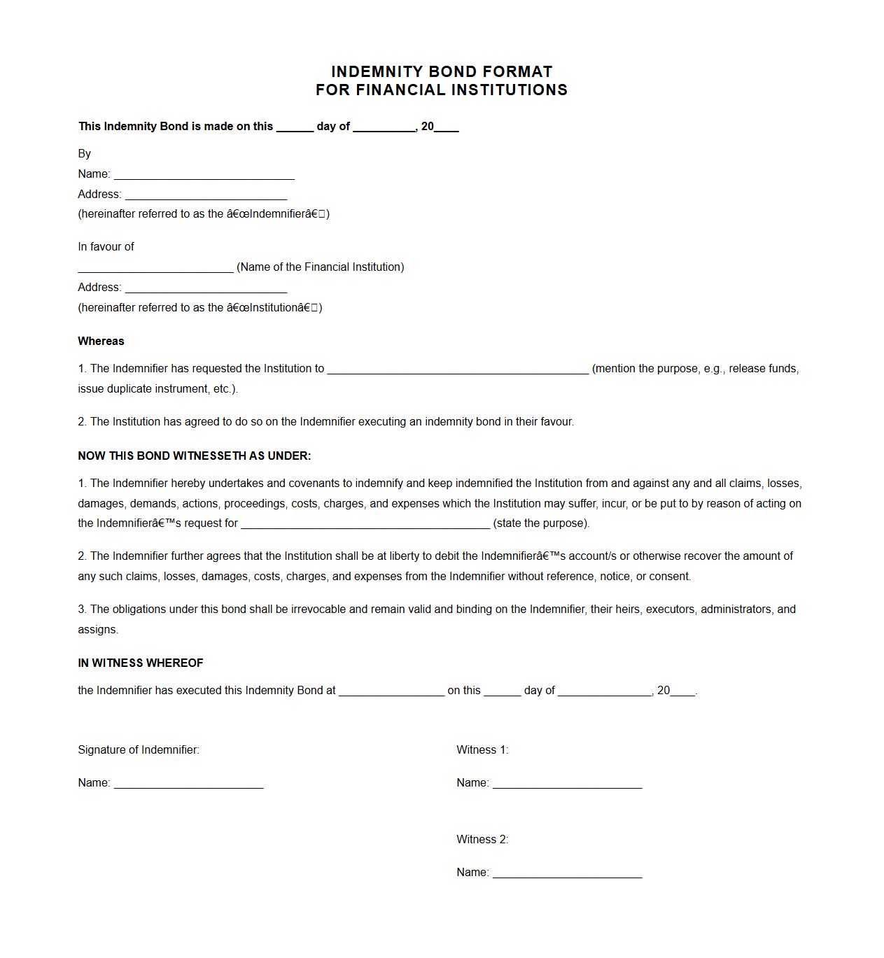 Indemnity Bond Format for Financial Institutions