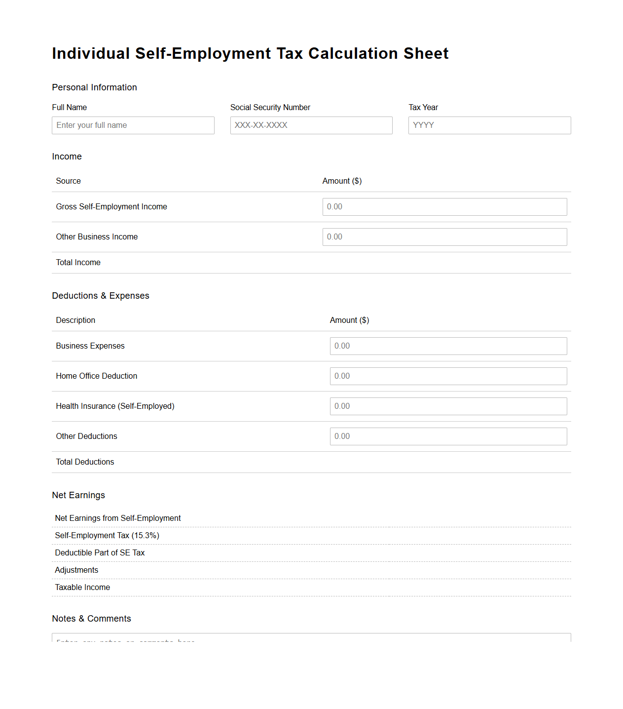 Individual Self-Employment Tax Calculation Sheet