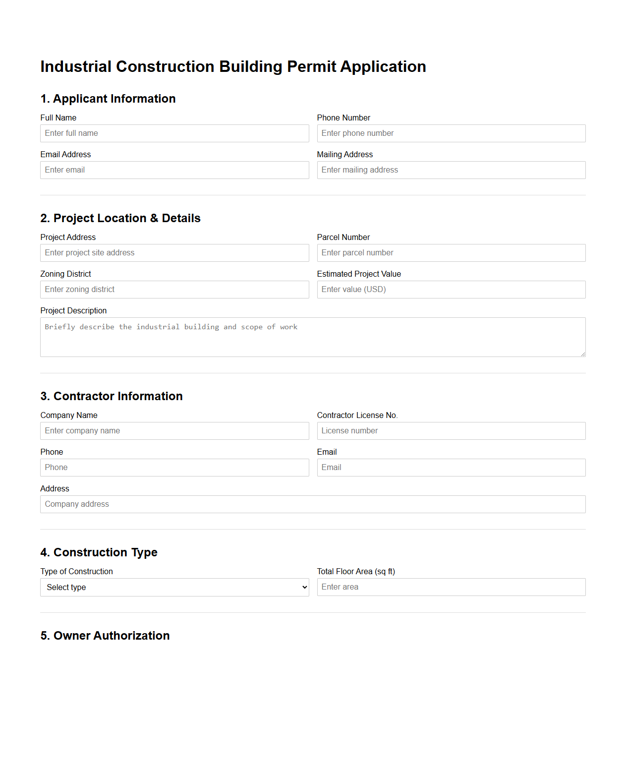 Industrial Construction Building Permit Application Sample