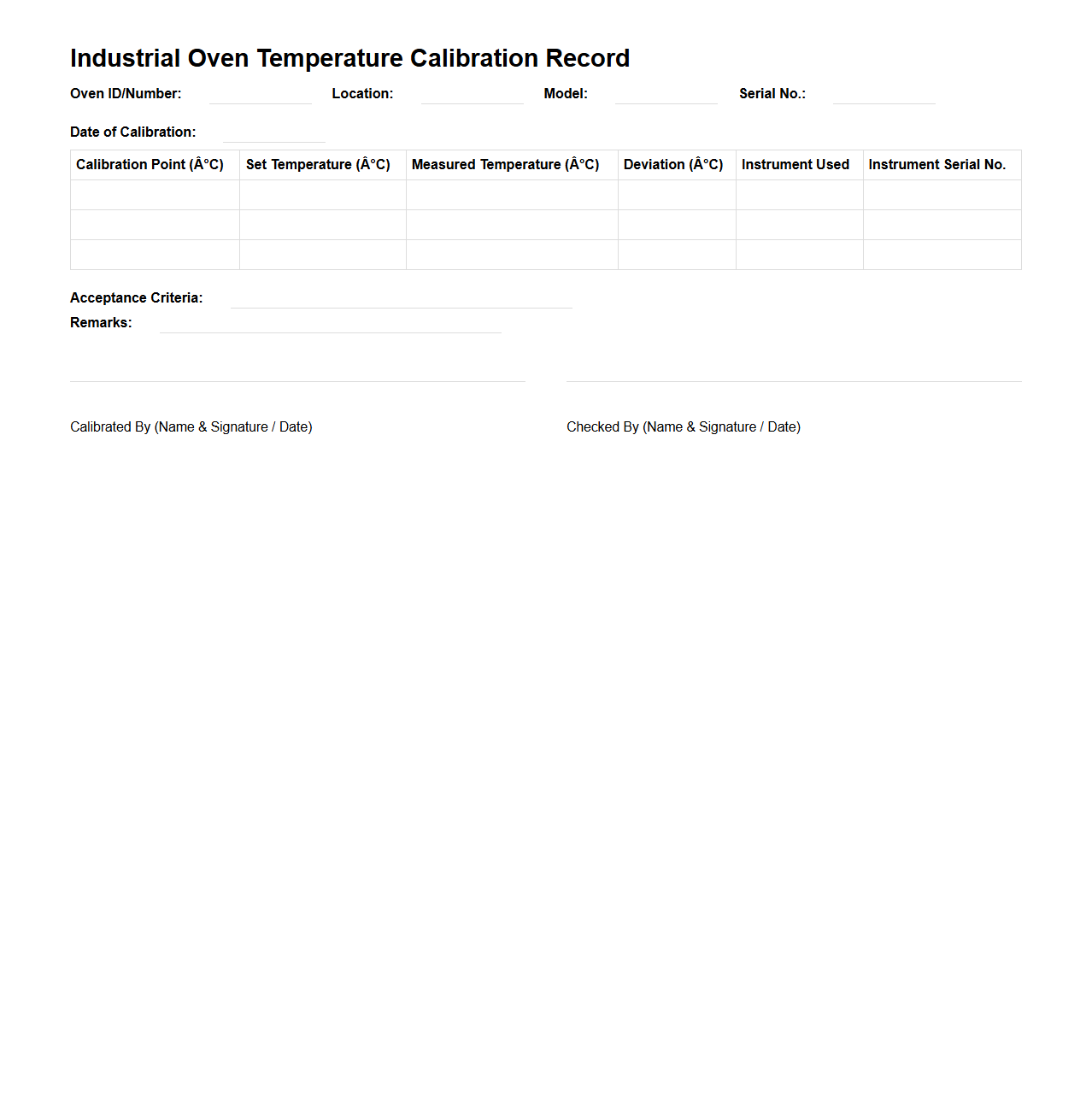 Industrial Oven Temperature Calibration Record
