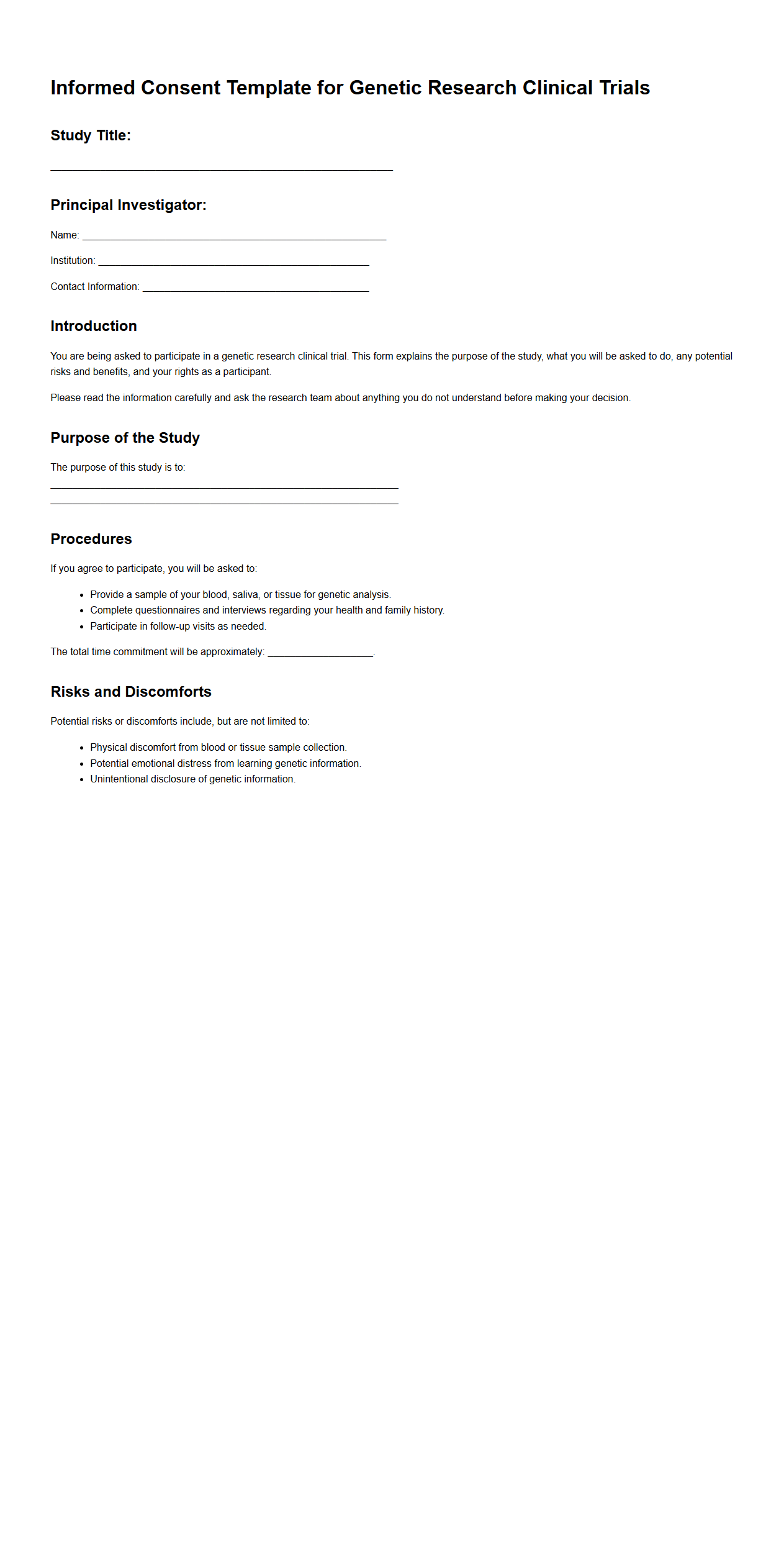 Informed Consent Template for Genetic Research Clinical Trials