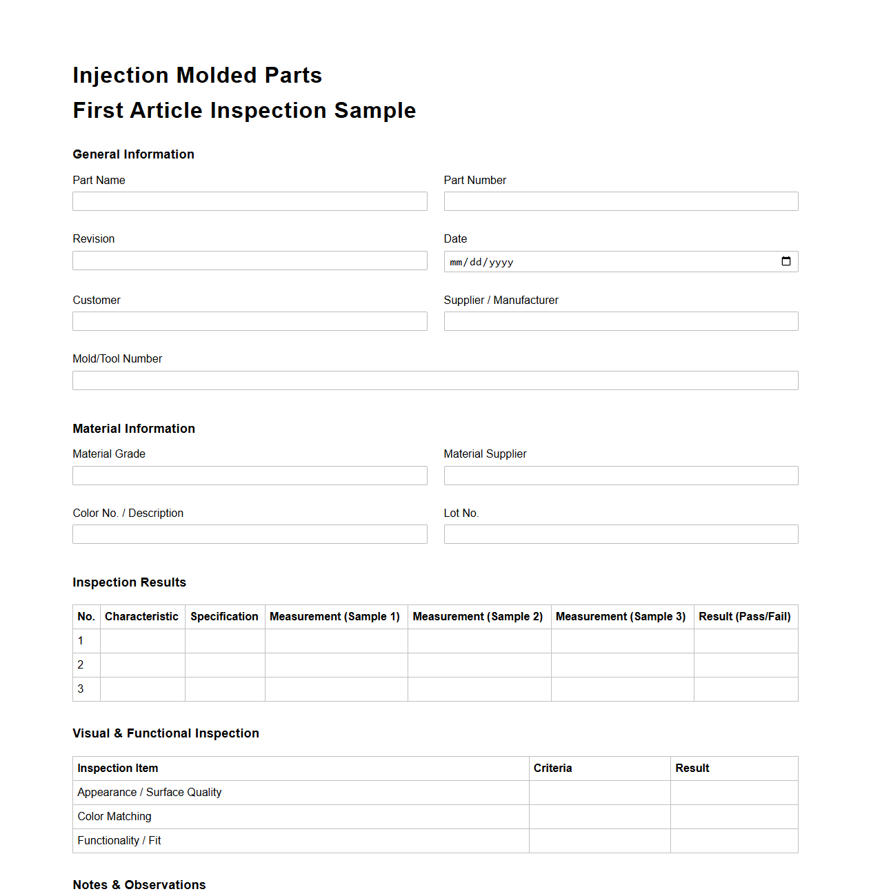 Injection Molded Parts First Article Inspection Sample Document