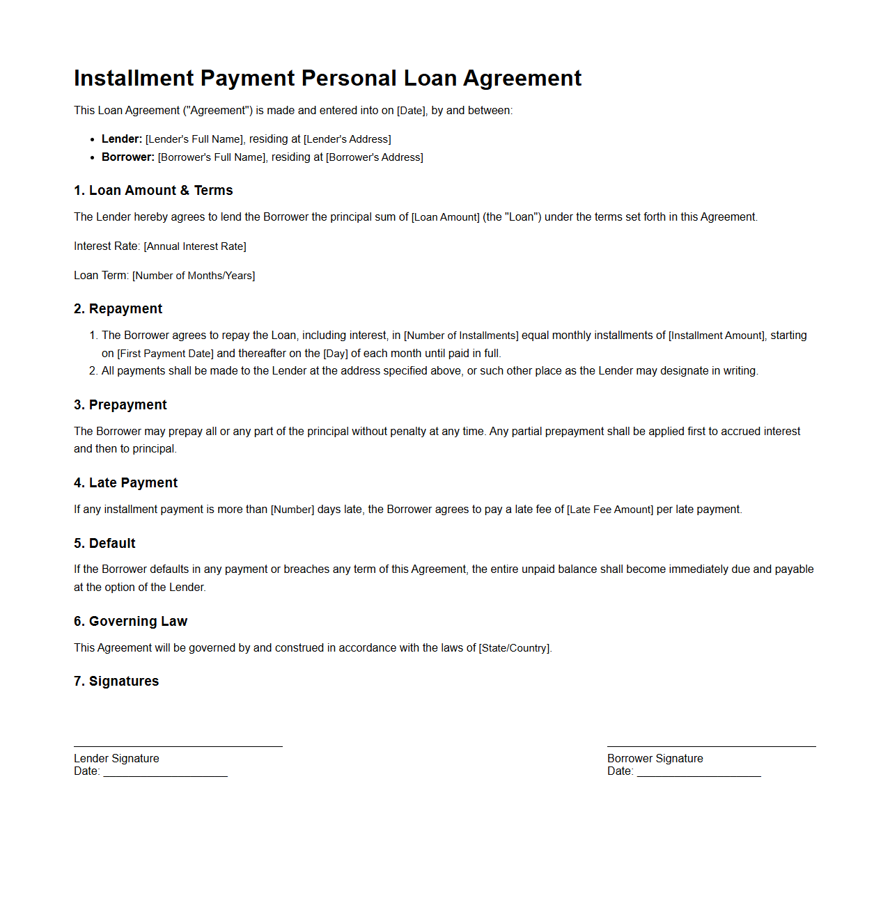 Installment Payment Personal Loan Agreement