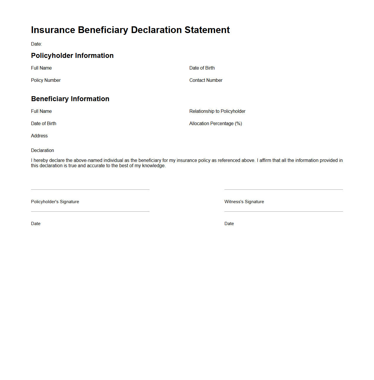 Insurance Beneficiary Declaration Statement Example