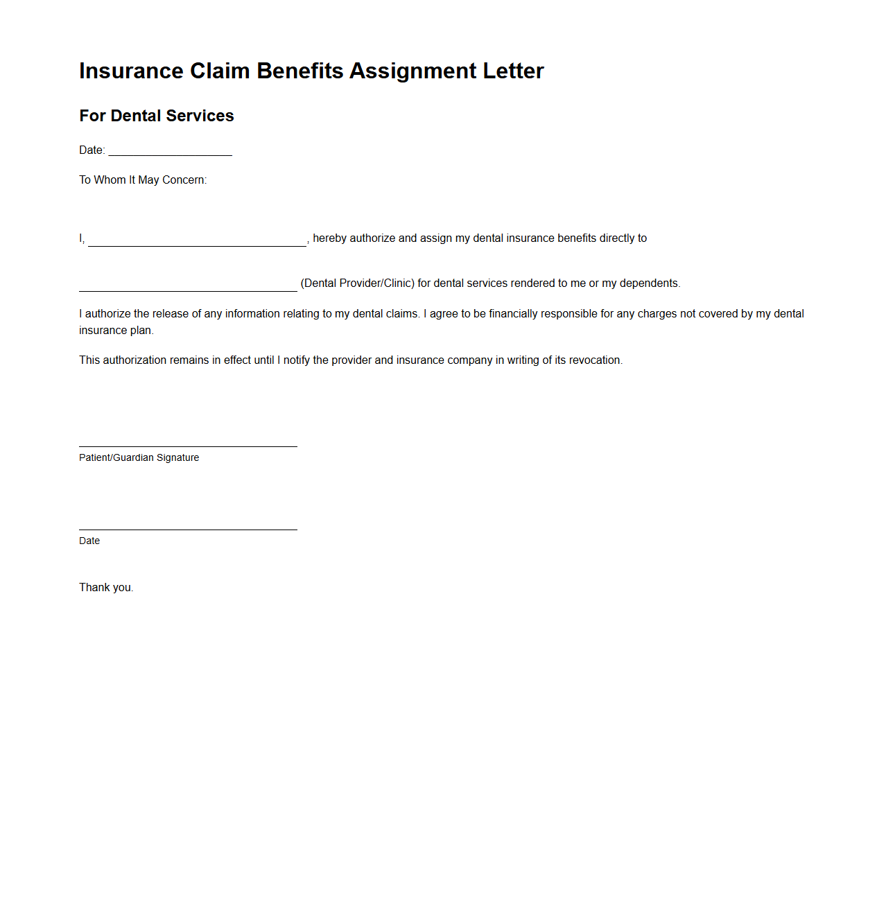 Insurance Claim Benefits Assignment Letter for Dental Services