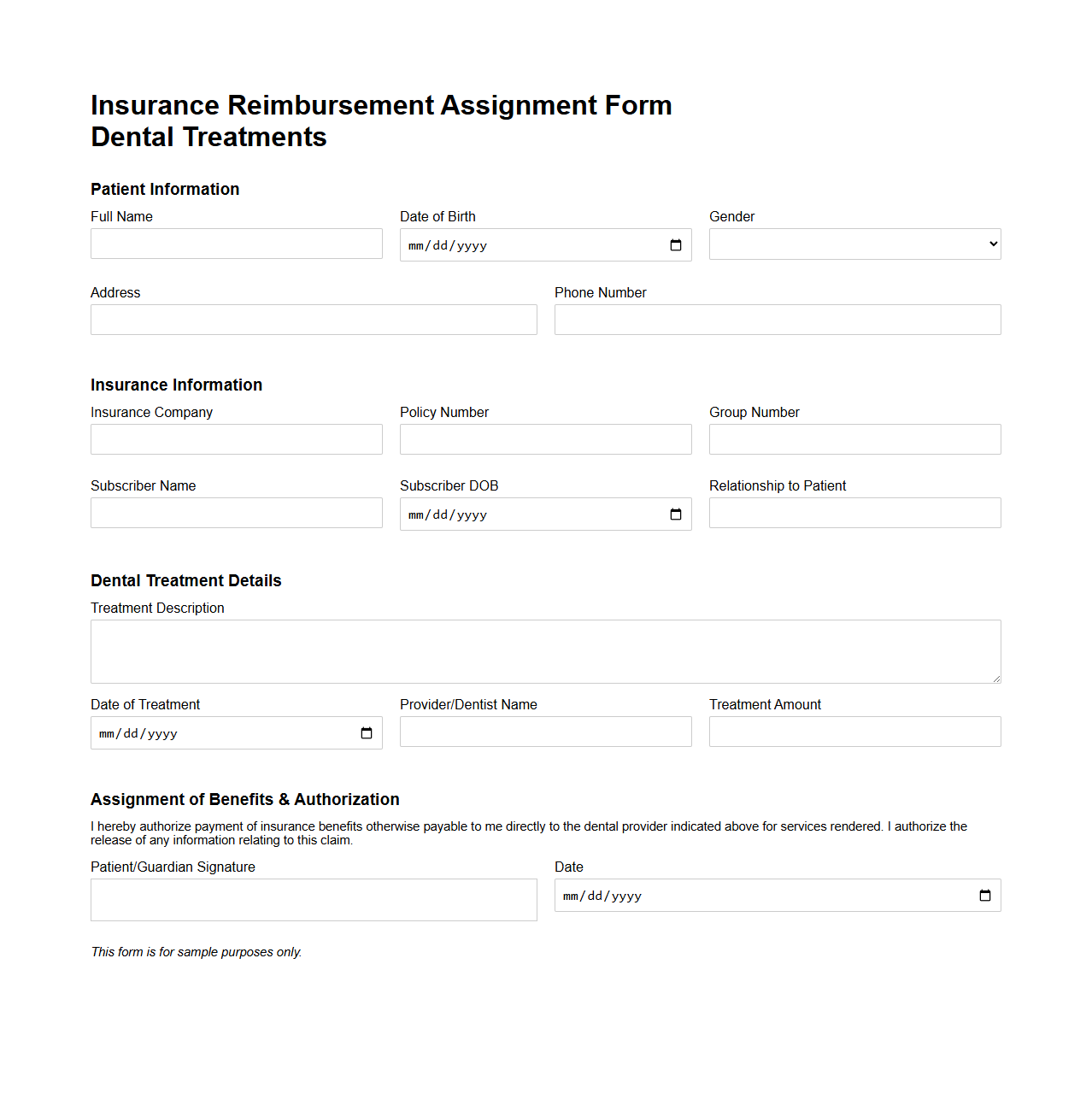 Insurance Reimbursement Assignment Form for Dental Treatments