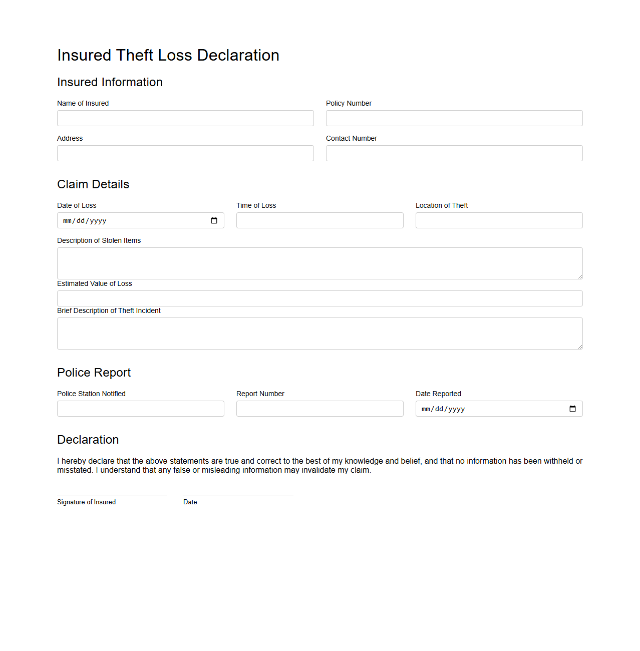 Insured Theft Loss Declaration Sample