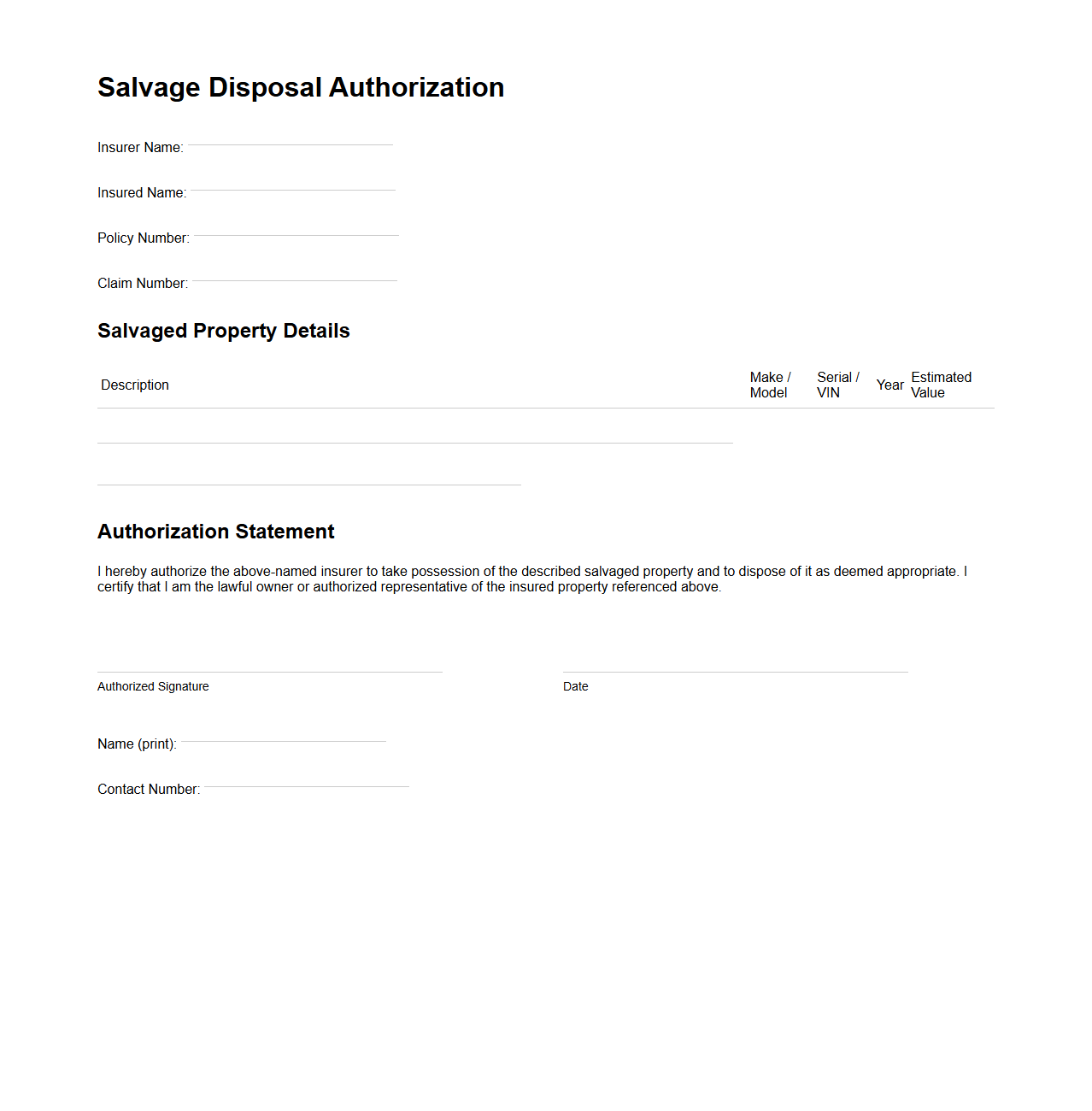Insurer Salvage Disposal Authorization Sample