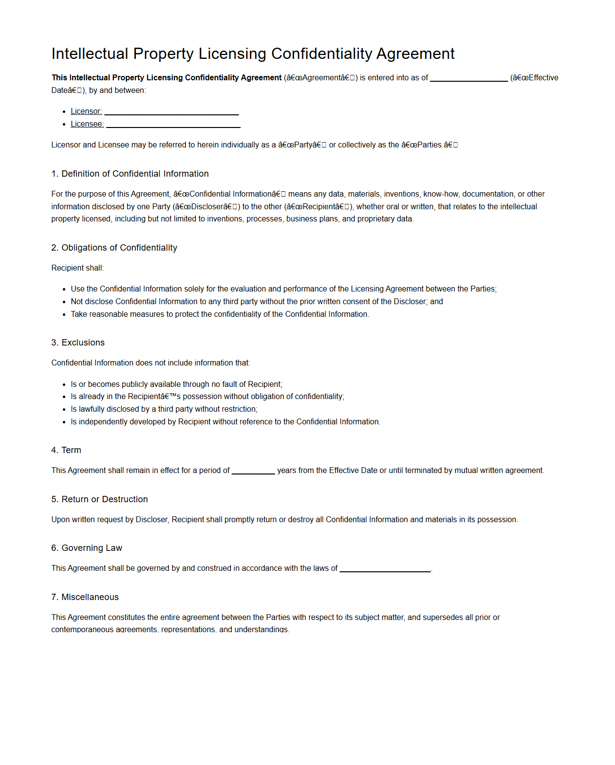 Intellectual Property Licensing Confidentiality Agreement