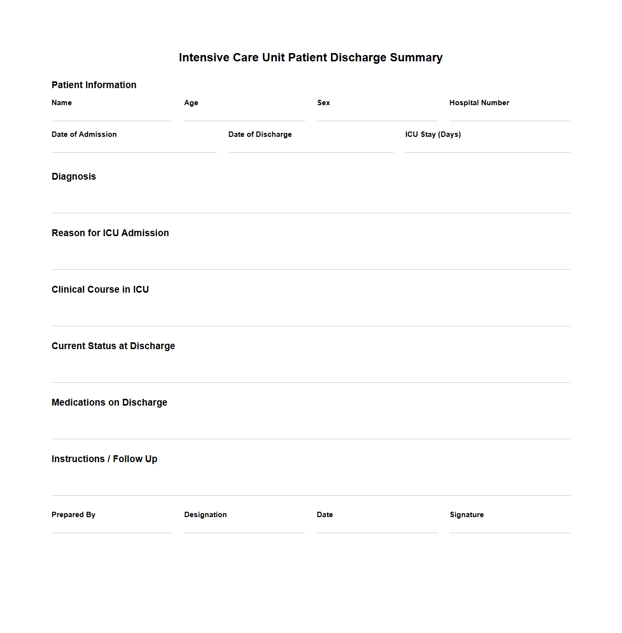 Intensive Care Unit Patient Discharge Summary Sample