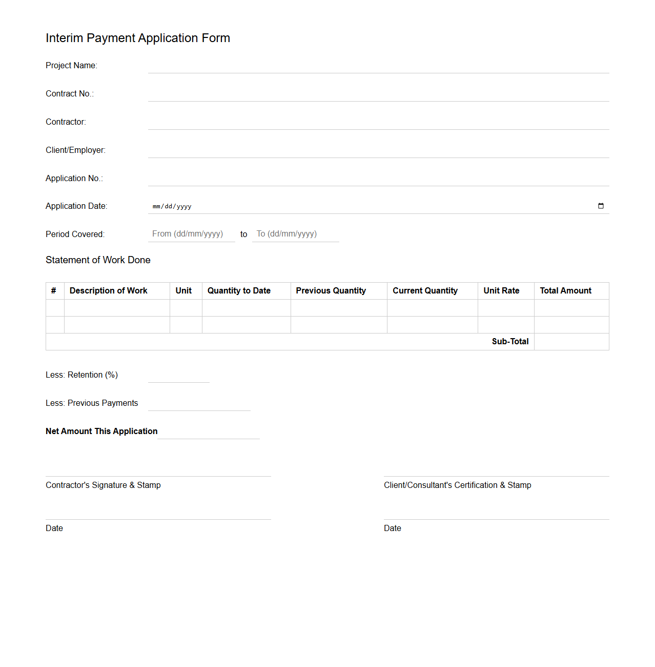 Interim Payment Application Form Format