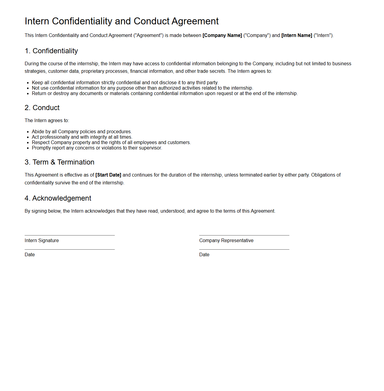 Intern Confidentiality and Conduct Agreement