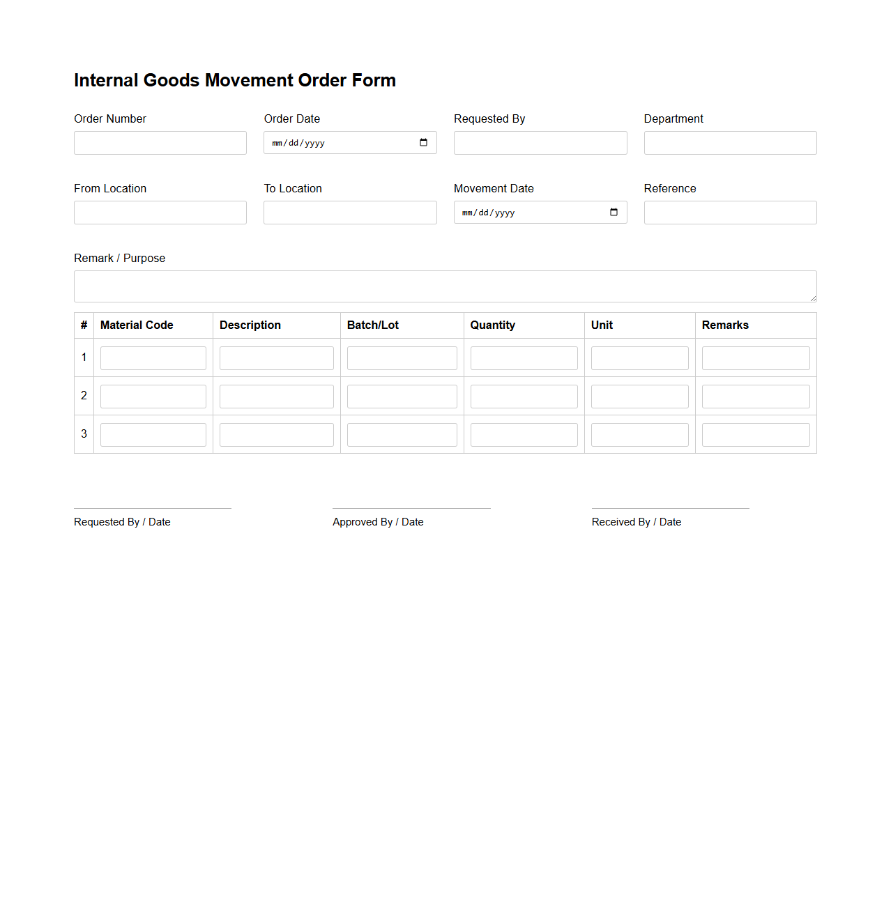 Internal Goods Movement Order Form