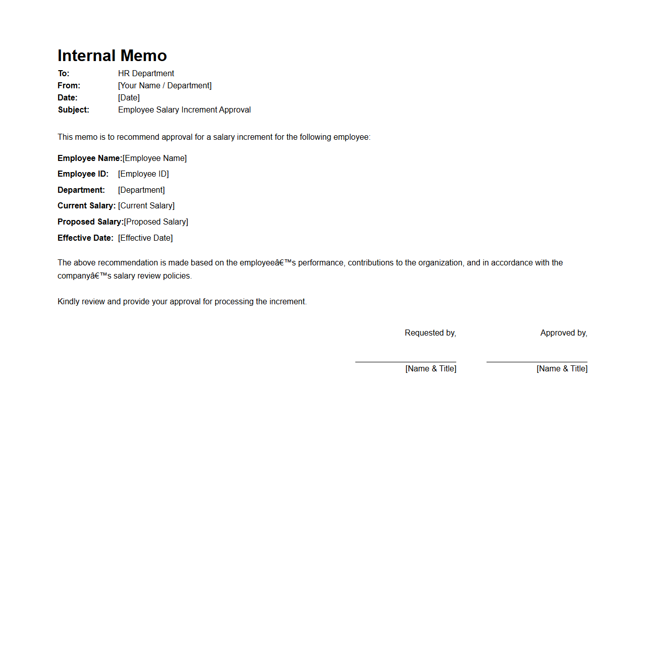 Internal Memo for Employee Salary Increment Approval
