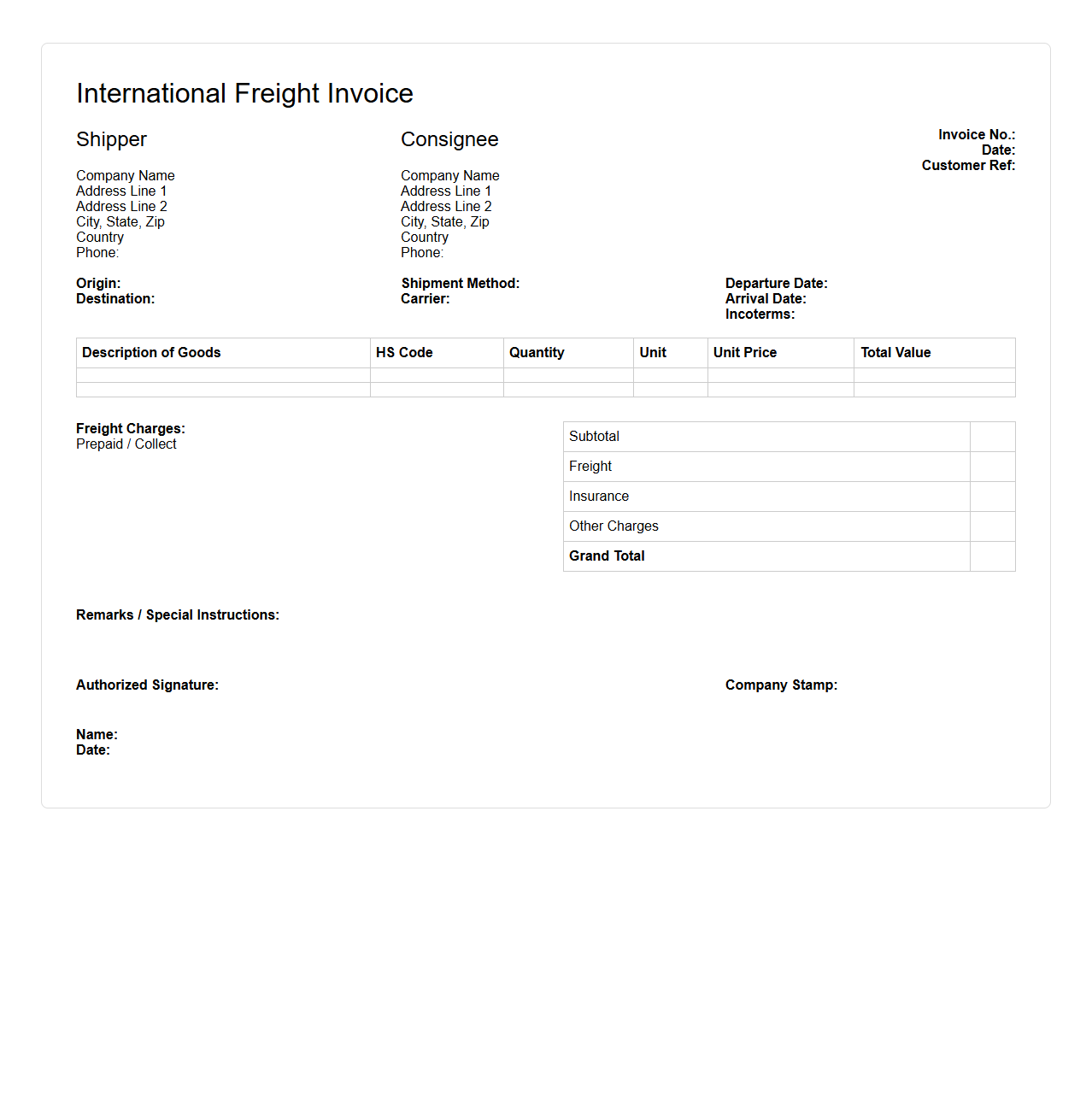 International Freight Invoice Sample