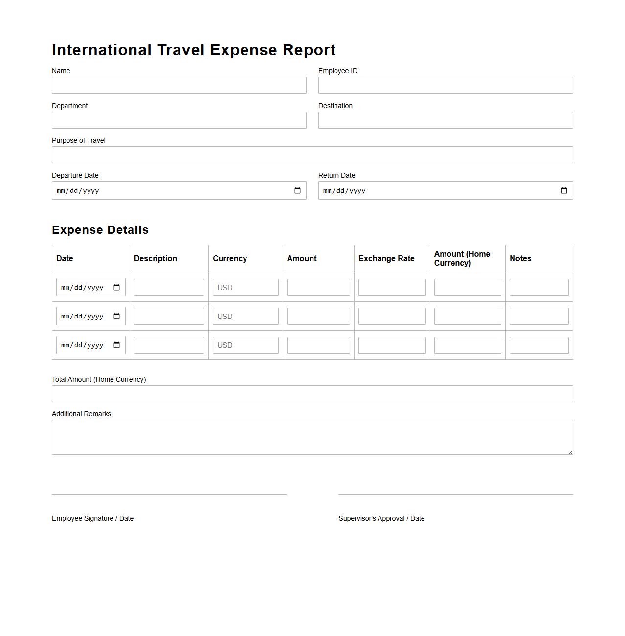 International Travel Expense Report Sample