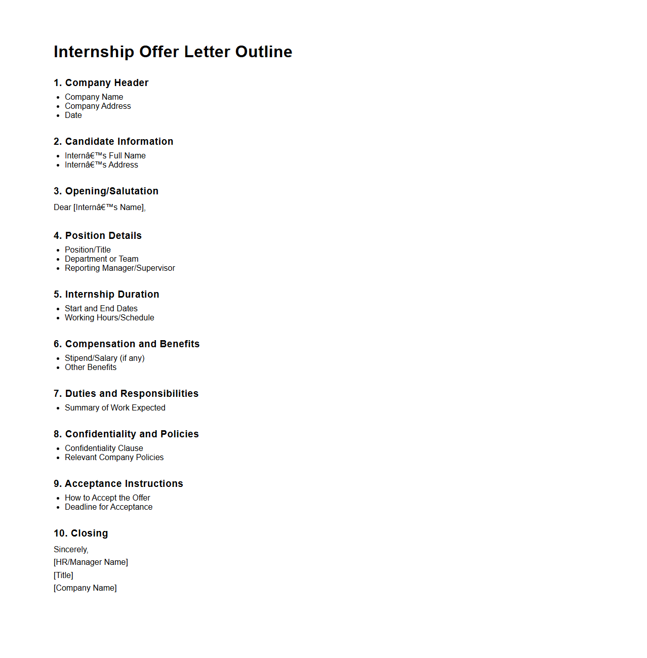 Internship Offer Letter Outline