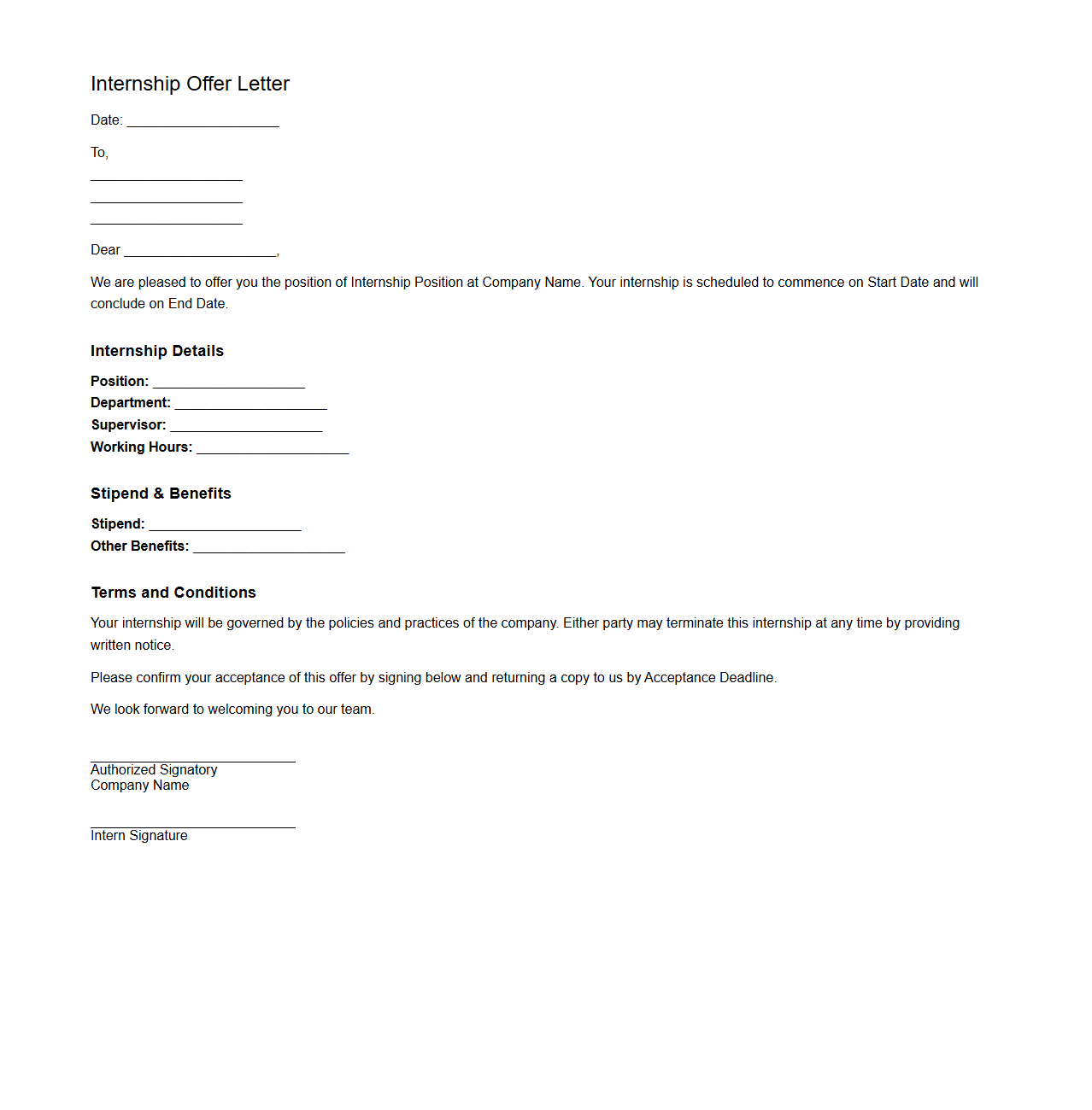 Internship Offer Letter Template