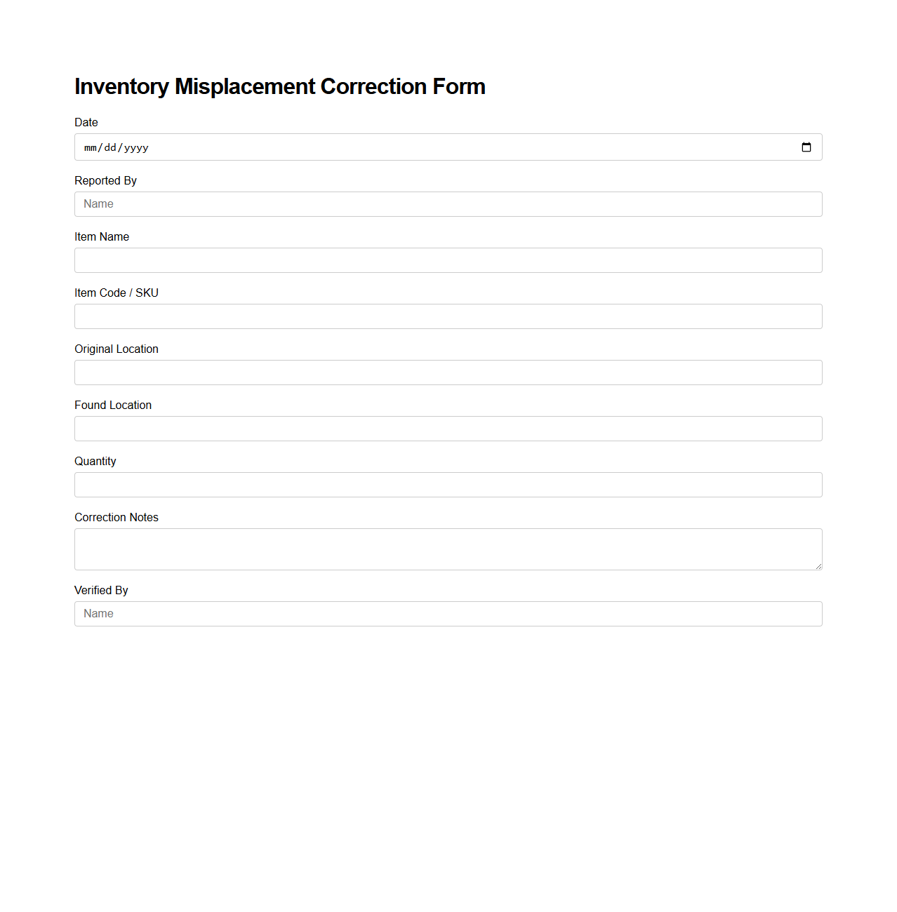 Inventory Misplacement Correction Form